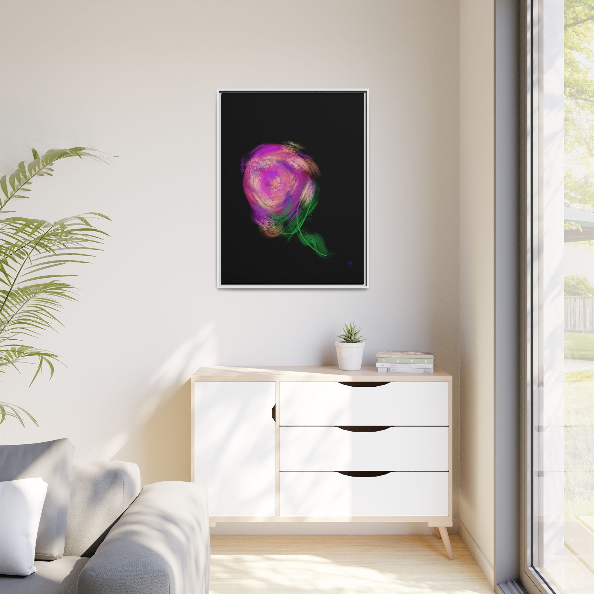 Abstract Rose Swirl Matte Framed Canvas — Multicolor Floral Wall Art