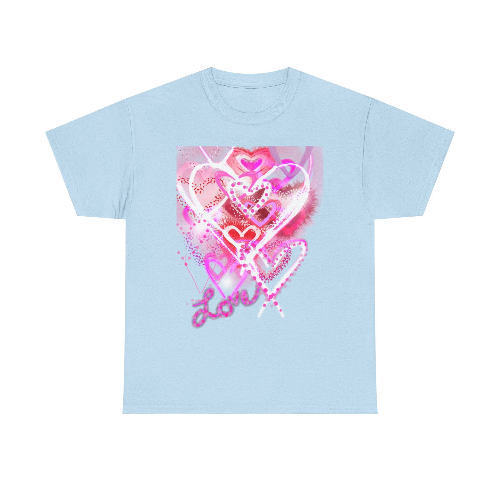 Love Hearts Tee — Pink Watercolor Heart Design Valentine’s Day T‑Shirt