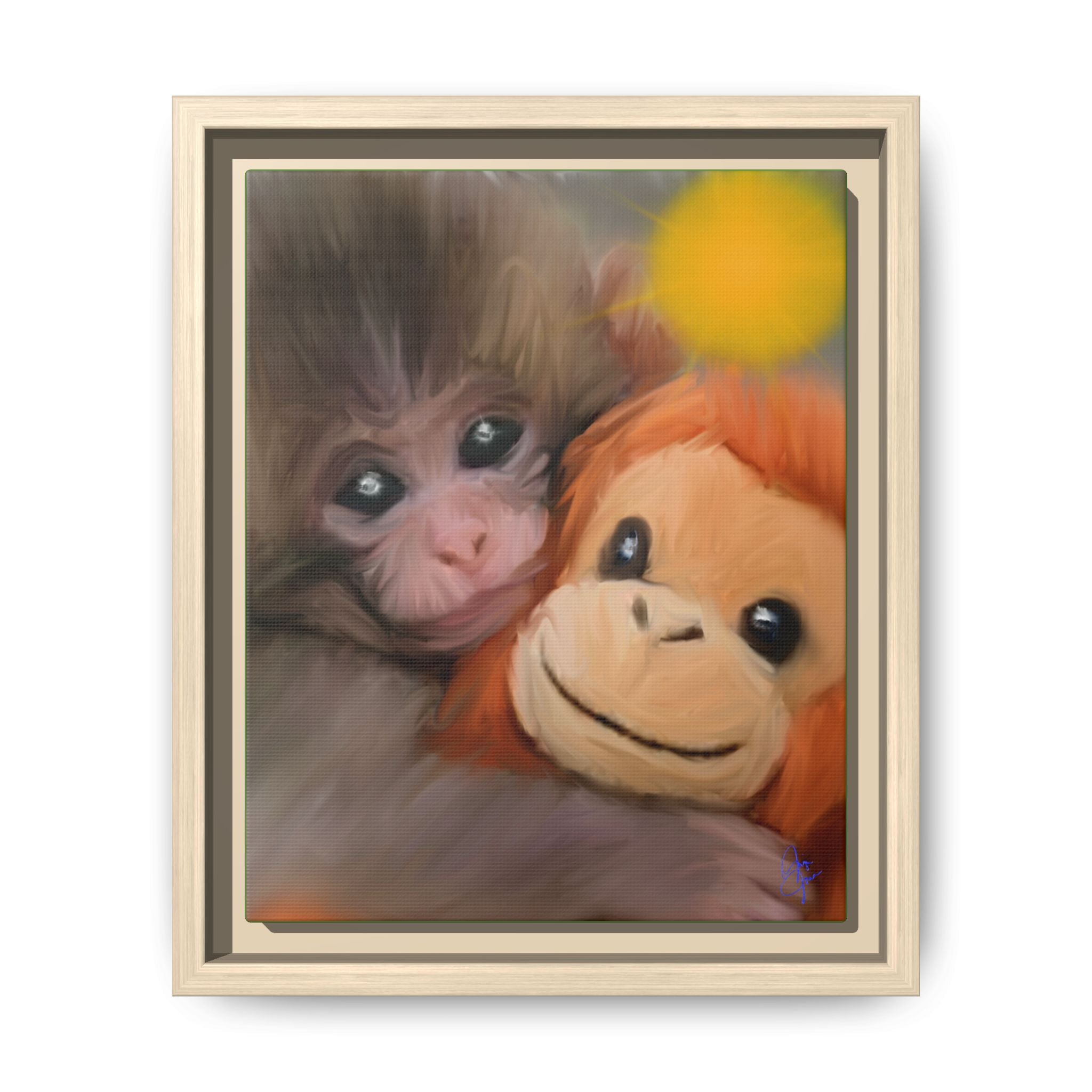Framed Matte Canvas Print — Baby Monkey & Plush Orangutan Wall Art