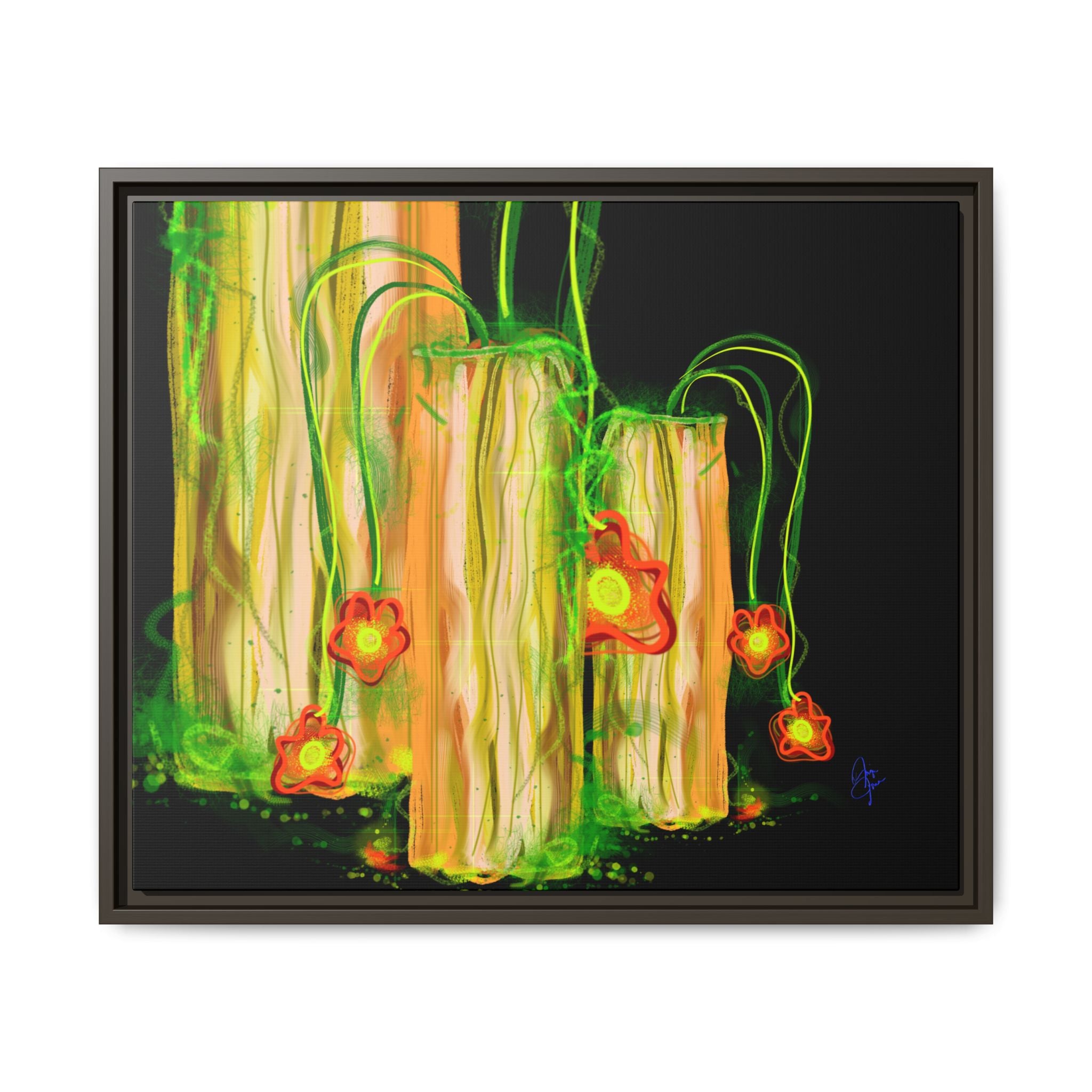 Framed Matte Canvas Print — Neon Floral Candlelight Art