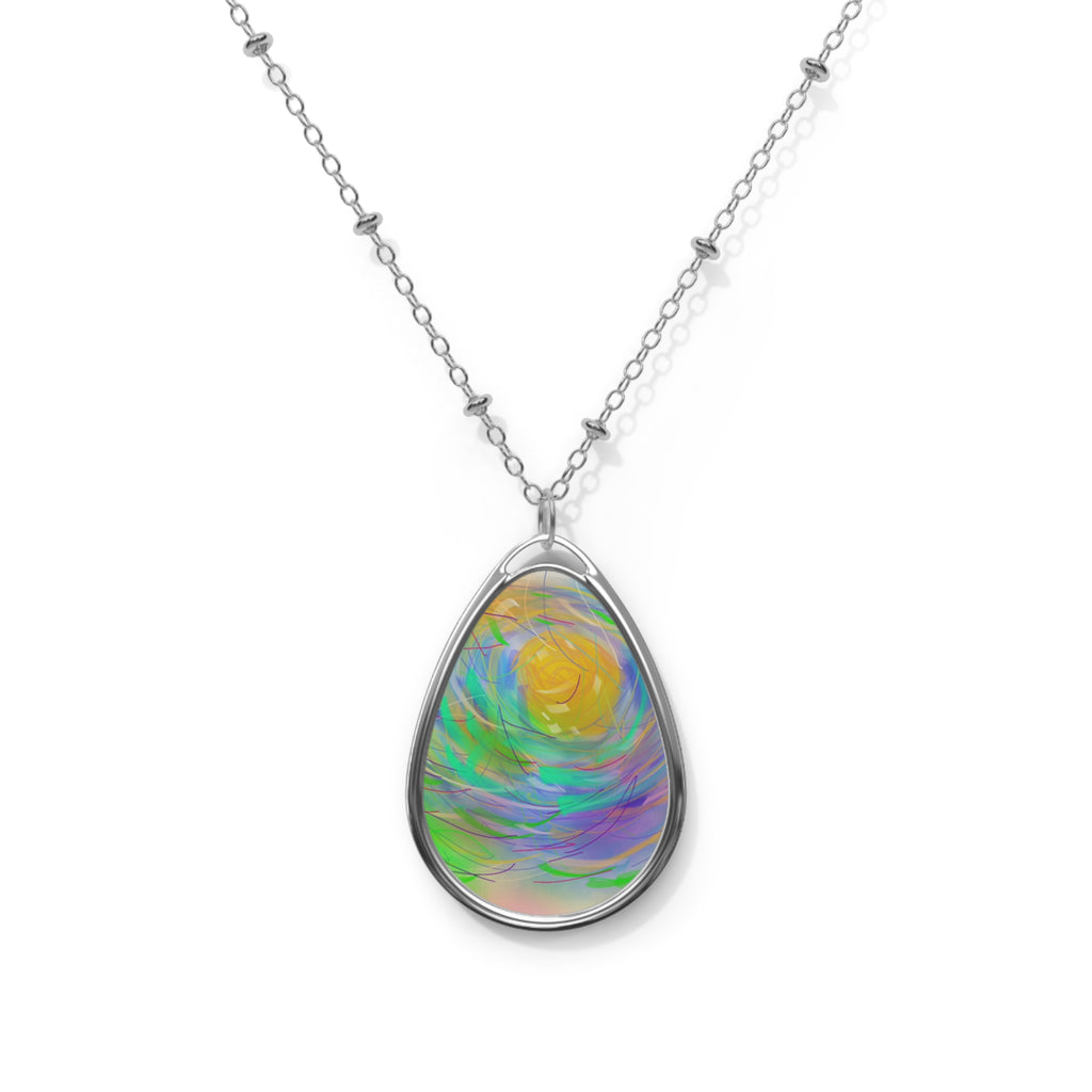 Iridescent Oval Pendant Necklace — Colorful Swirl Teardrop Jewelry