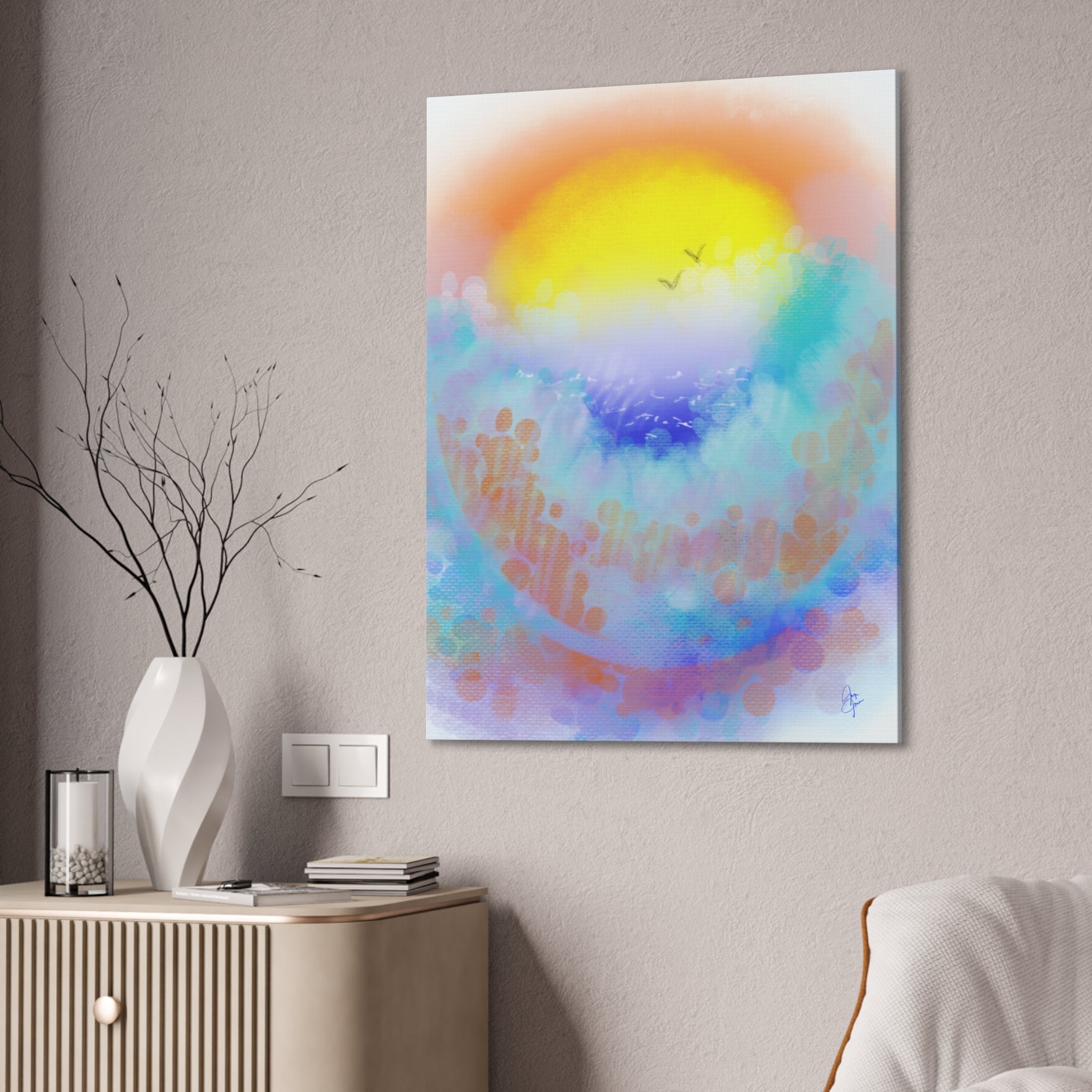 Sunrise Seascape Canvas Wall Art – Pastel Ocean Waves with Birds
