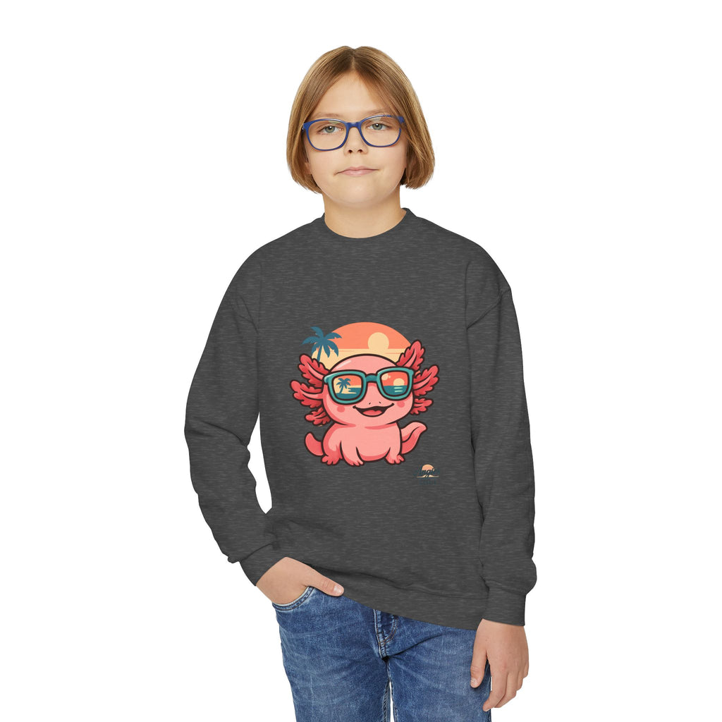 Axolotl Crewneck Sweatshirt — Cute Pink Axolotl with Sunglasses & Sunset