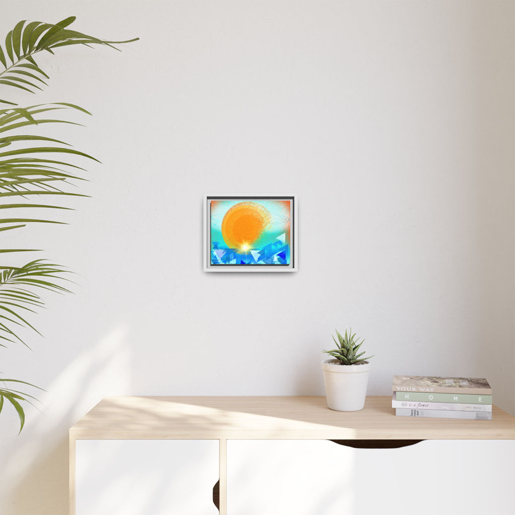 Abstract Sunrise Framed Canvas Art – Orange Sun Over Blue Geometric Waves