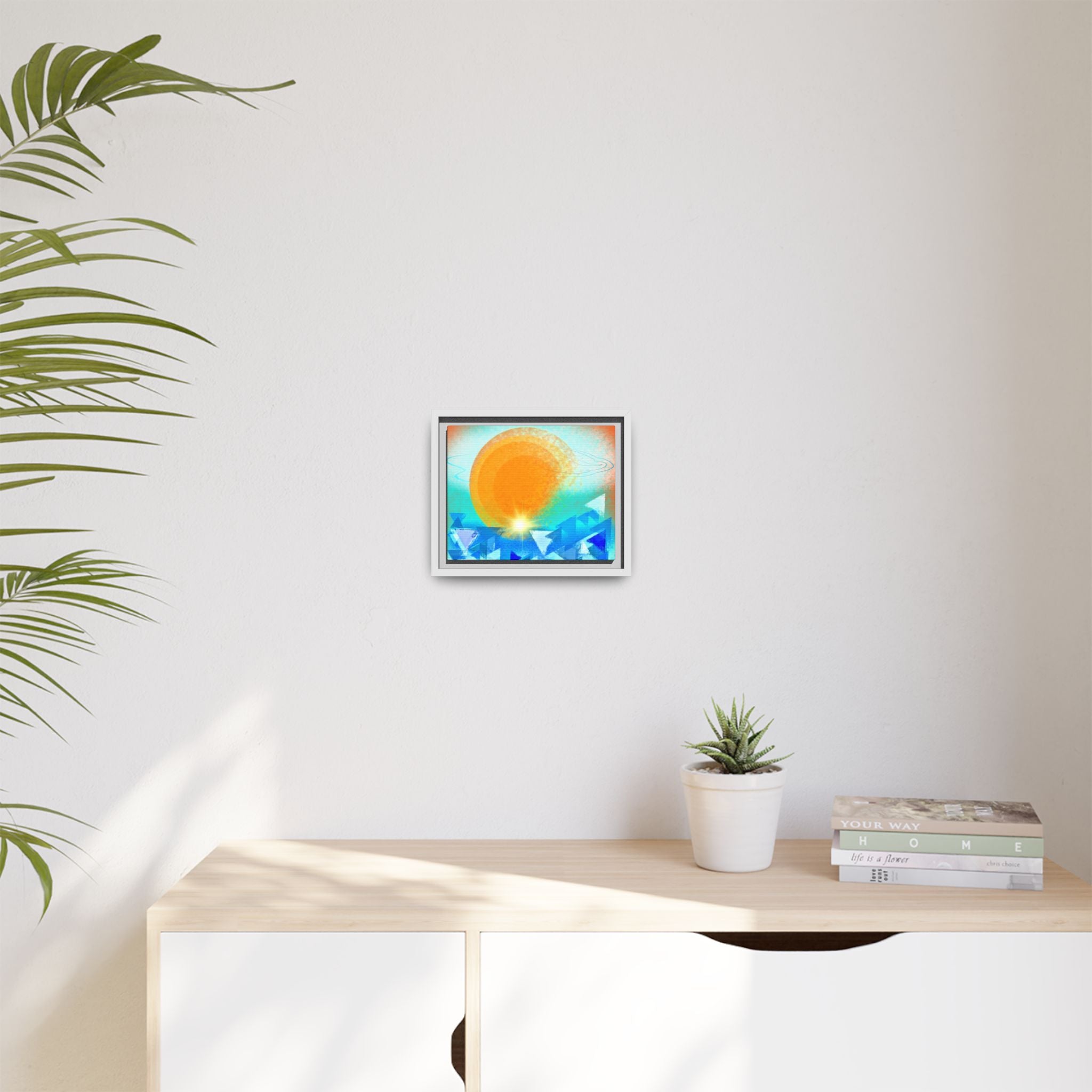 Abstract Sunrise Framed Canvas Art – Orange Sun Over Blue Geometric Waves