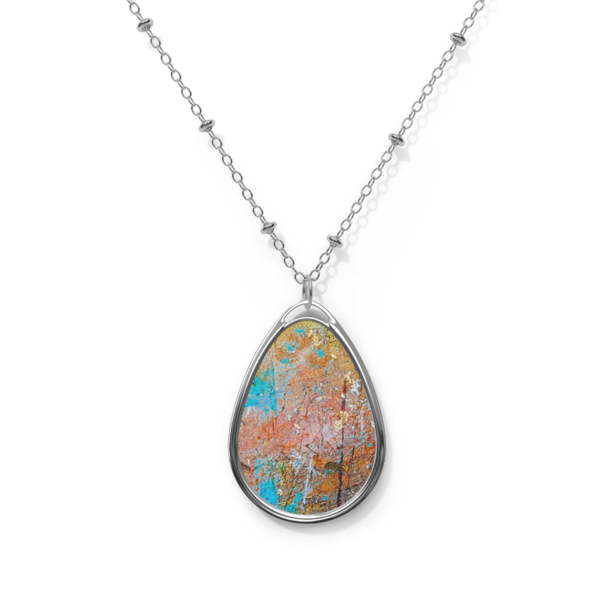 Turquoise Patina Oval Pendant Necklace — Rustic Boho Teardrop Jewelry