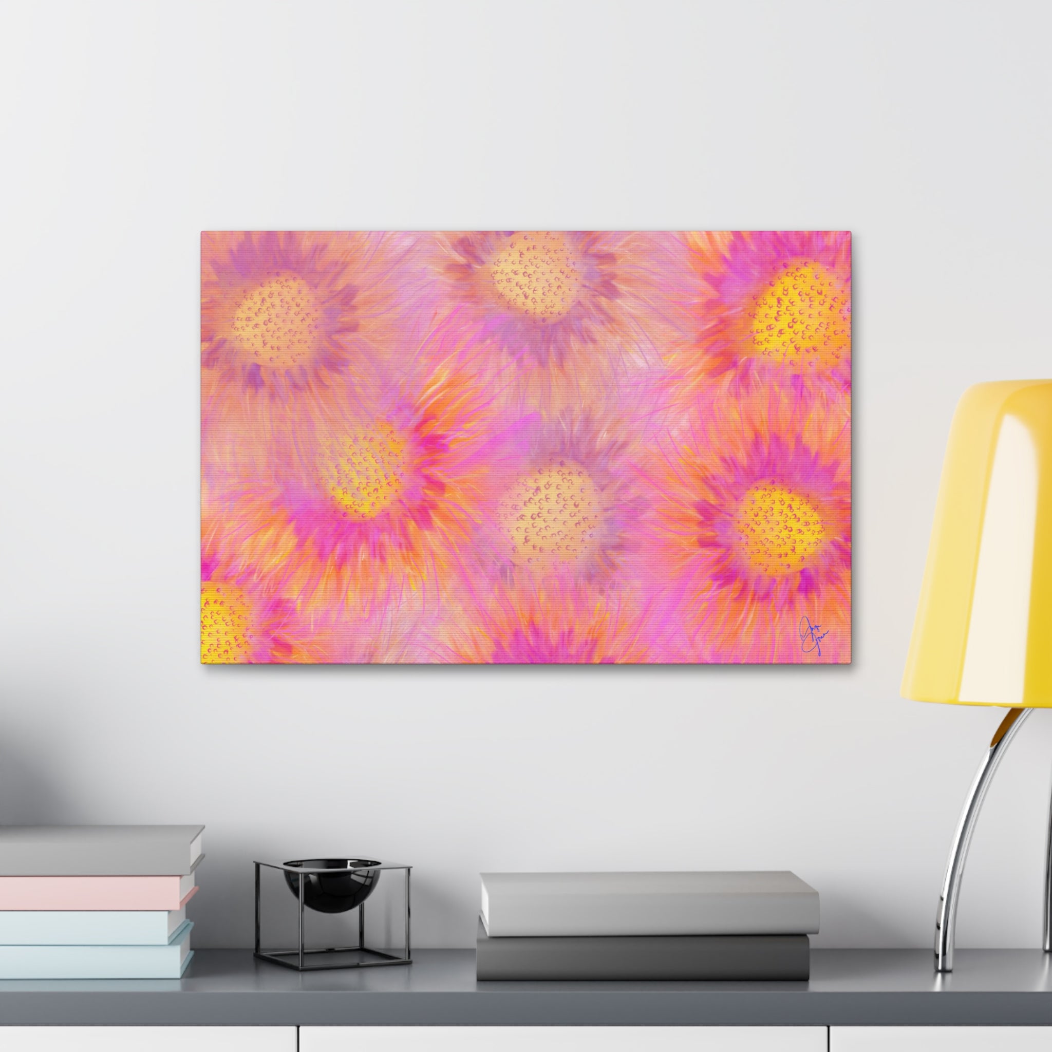 Sunburst Floral Canvas Wall Art — Pink & Yellow Abstract Sunflower Print