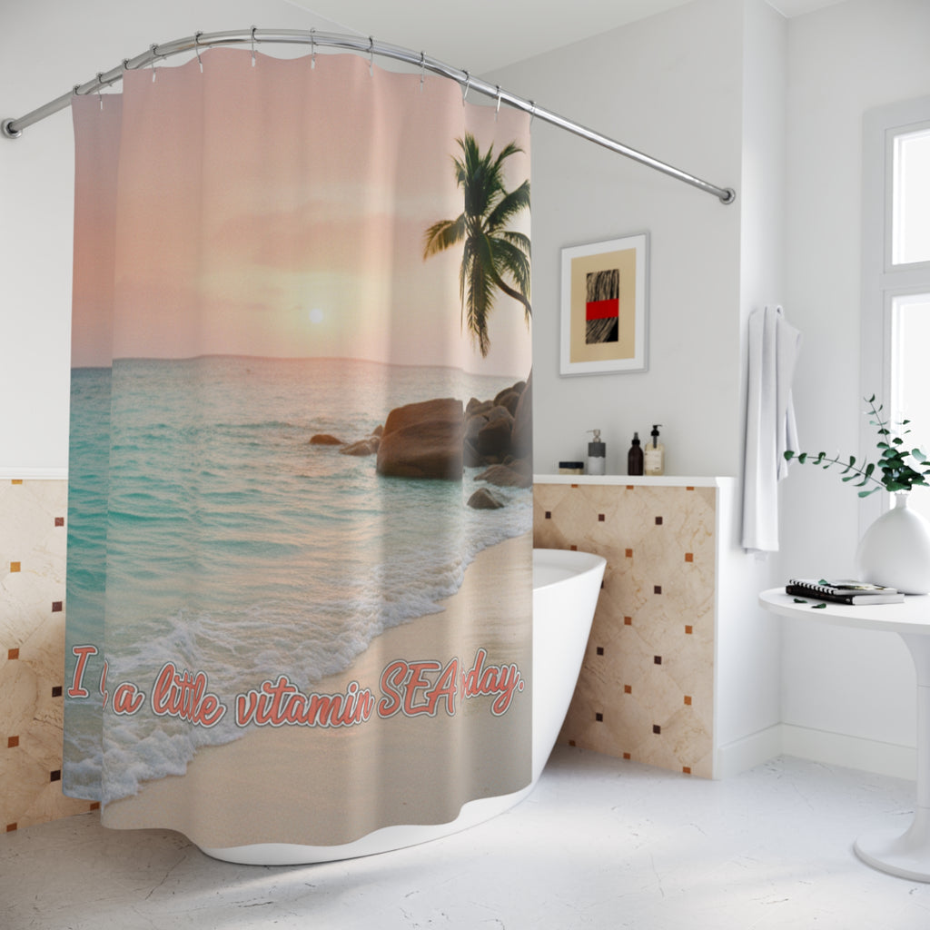 Beach Sunset Shower Curtain — "I Need a Little Vitamin SEA Today" Tropical Palm Bathroom Decor