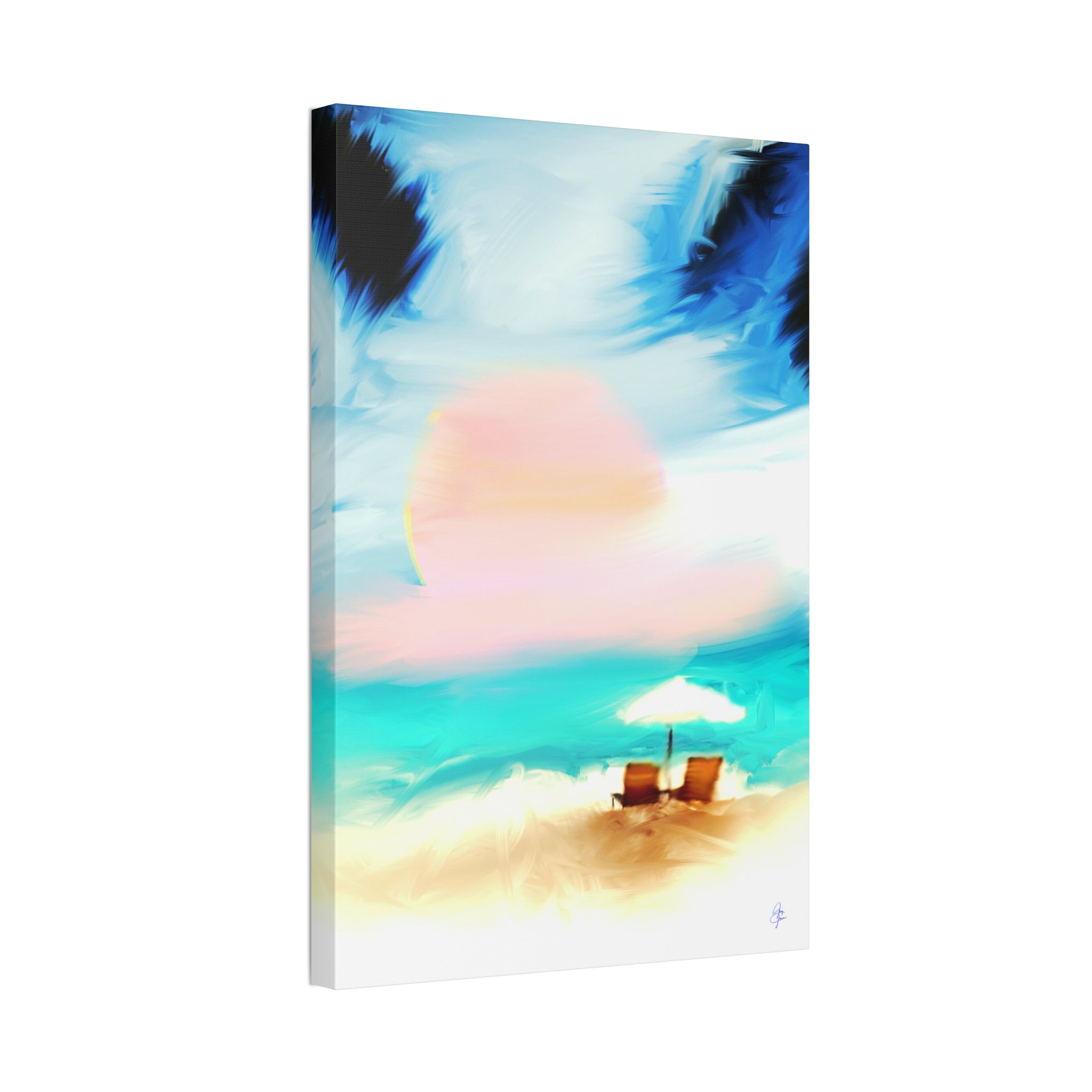 Beach Sunset Canvas Wall Art — Tropical Chairs & Umbrella Stretched Canvas
