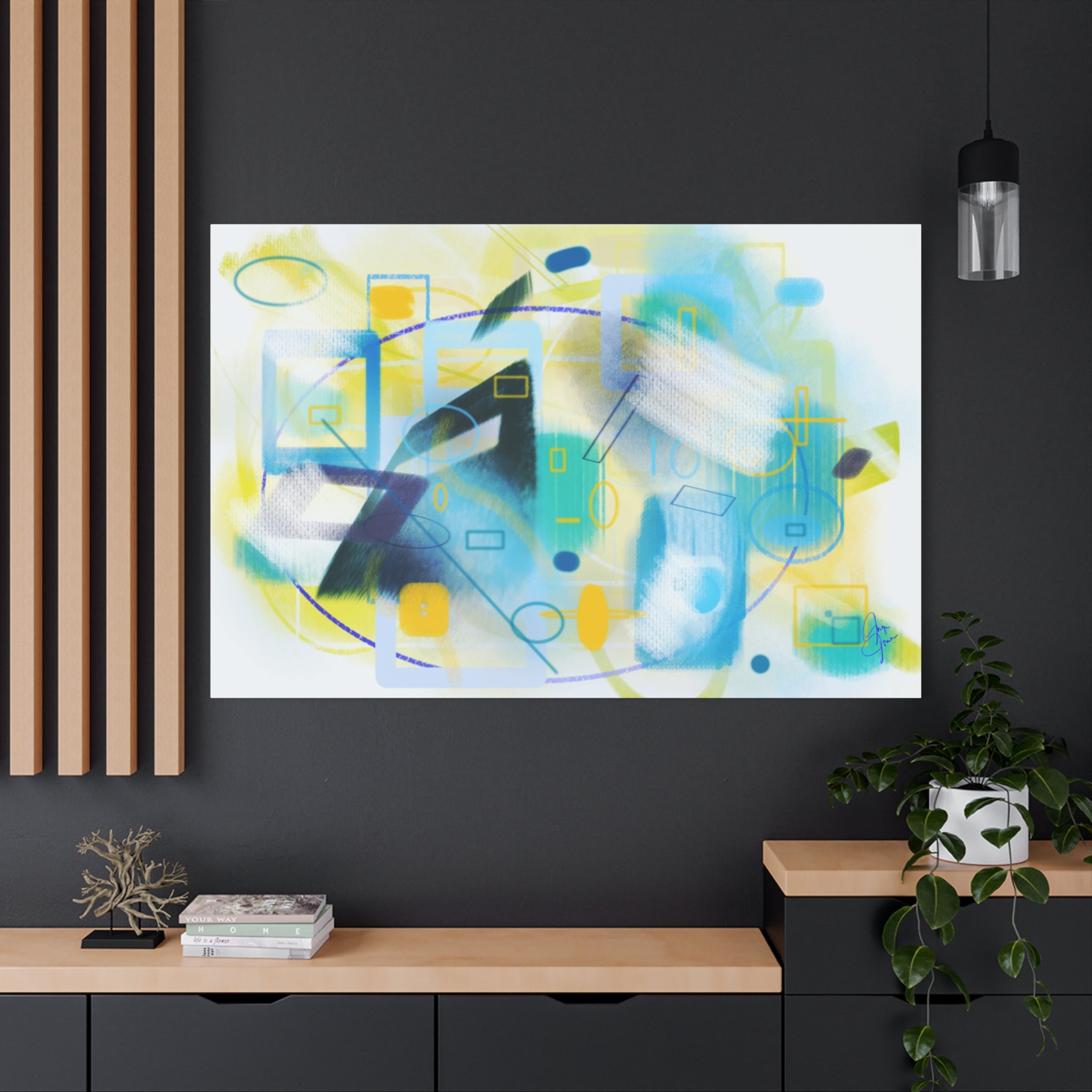 Abstract Blue & Yellow Geometry Canvas Print — Modern Stretched Wall Art