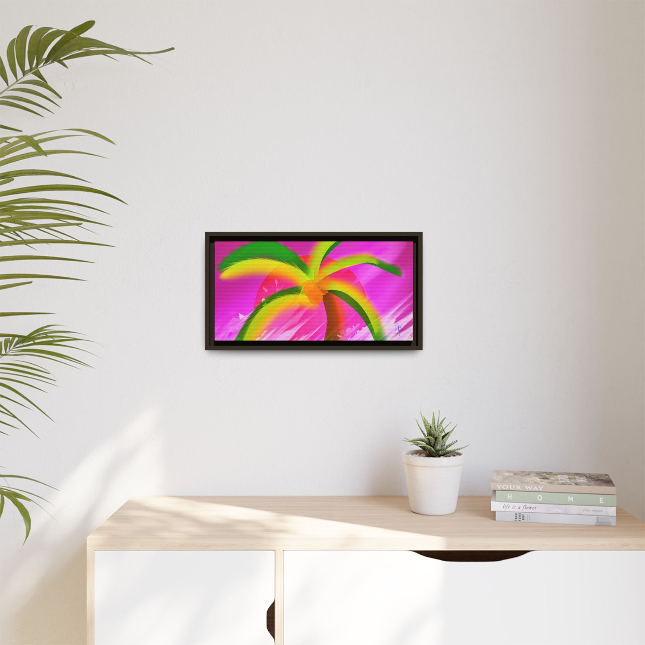 Framed Matte Canvas Print — Neon Palm Beach Art