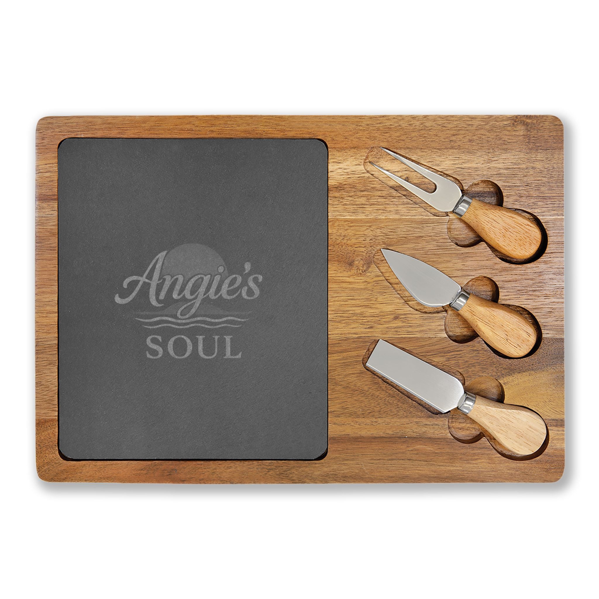 Engraved Acacia Charcuterie Board with Slate Insert & Cheese Knives — Personalized 'Angie's Soul' Design