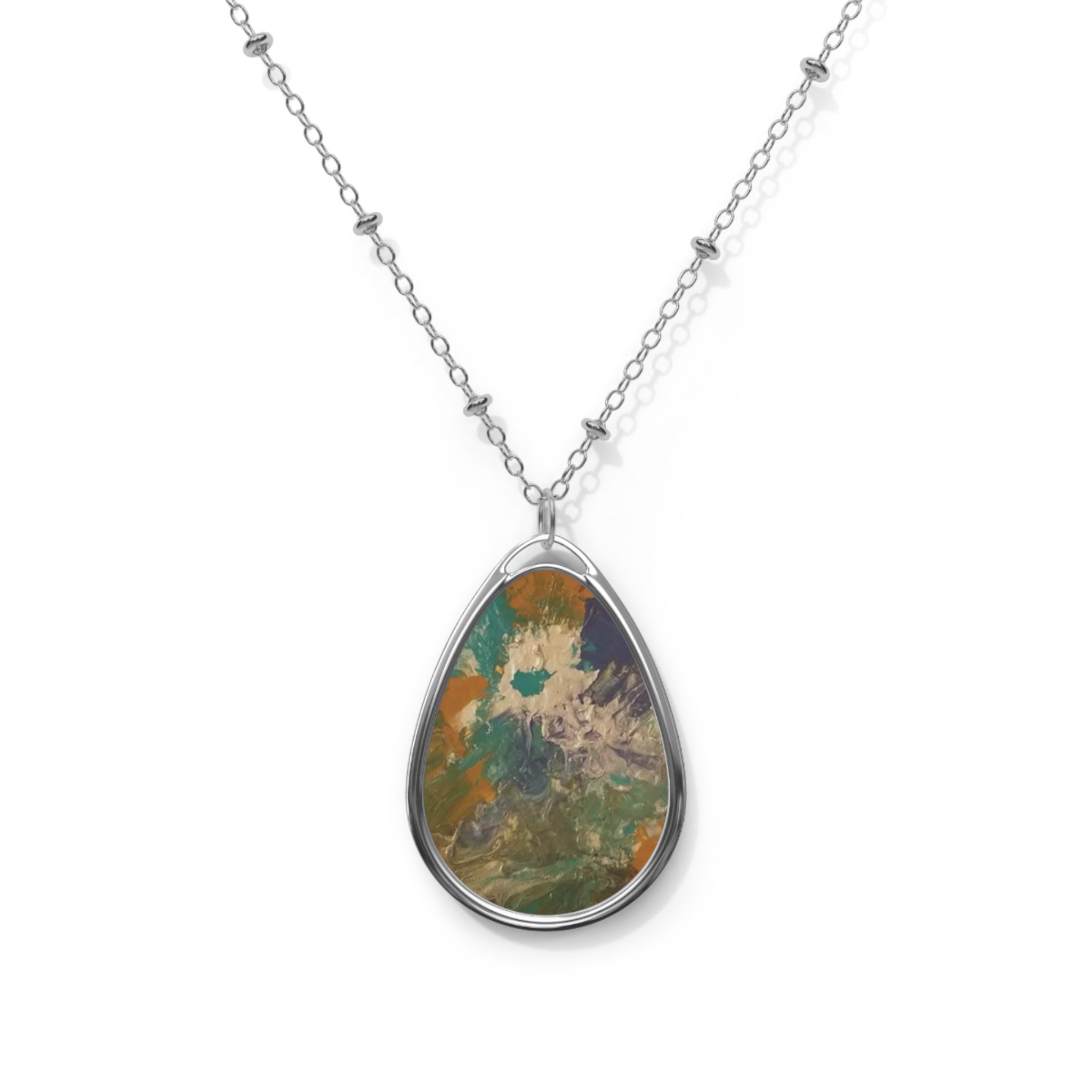 Abstract Stone Oval Necklace — Teal Amber Pendant Jewelry