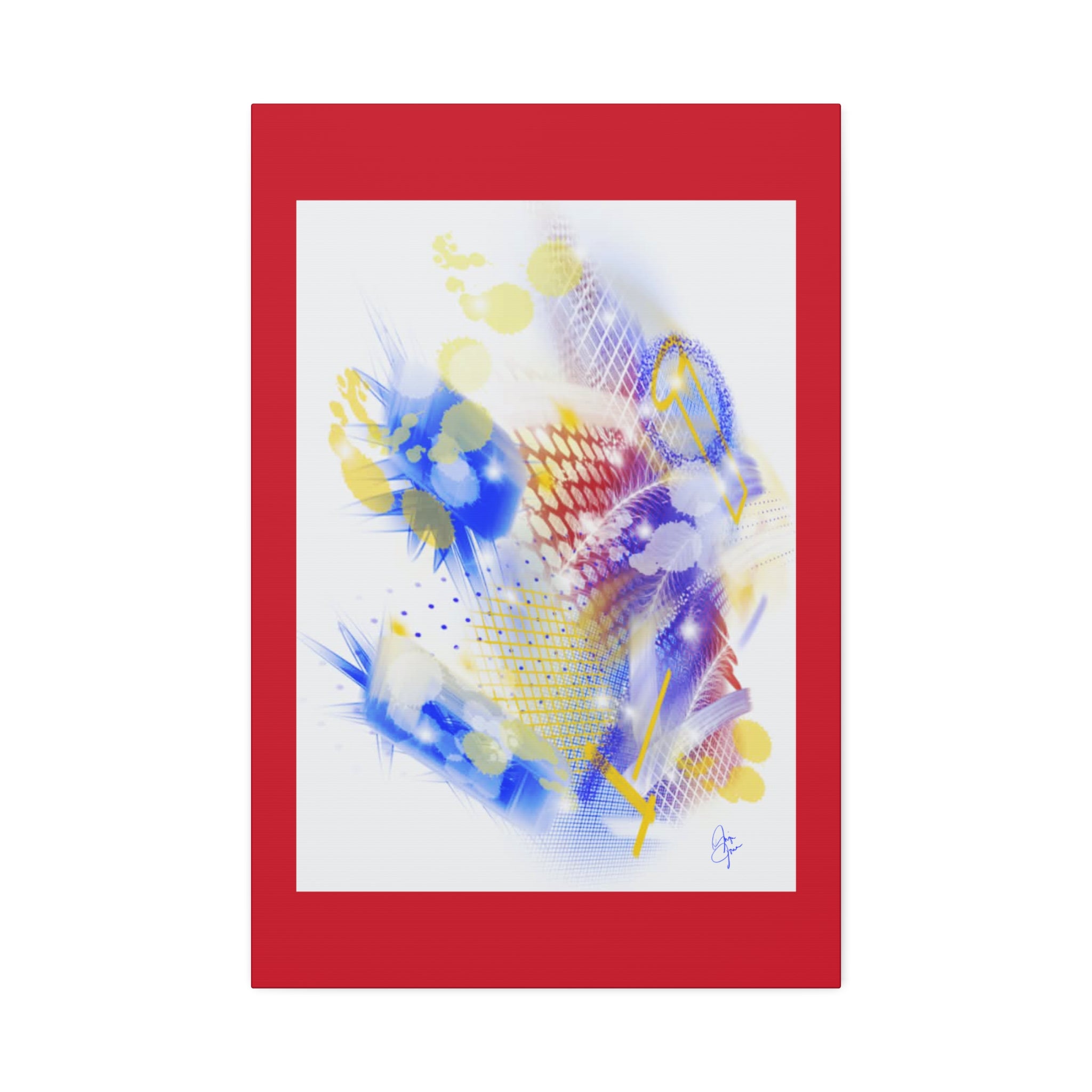 Abstract Blue & Yellow Art Canvas Print — Stretched 1.5" with Red Border