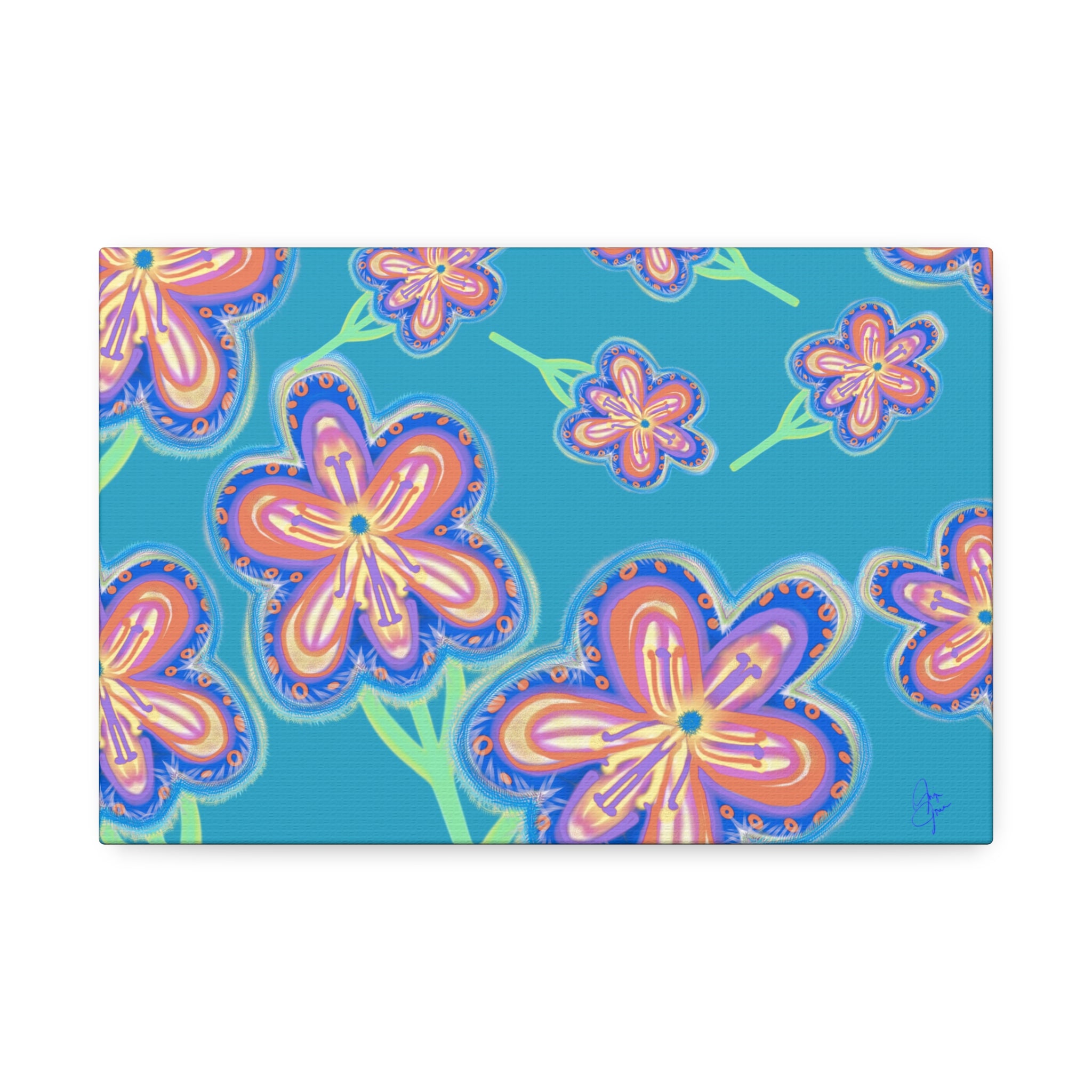 Floral Pop Canvas — Bright Blue Hand-Drawn Flowers Stretched Canvas