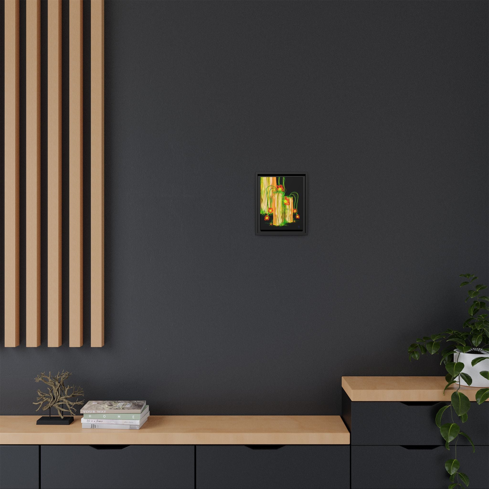 Framed Matte Canvas Print — Neon Floral Candlelight Art