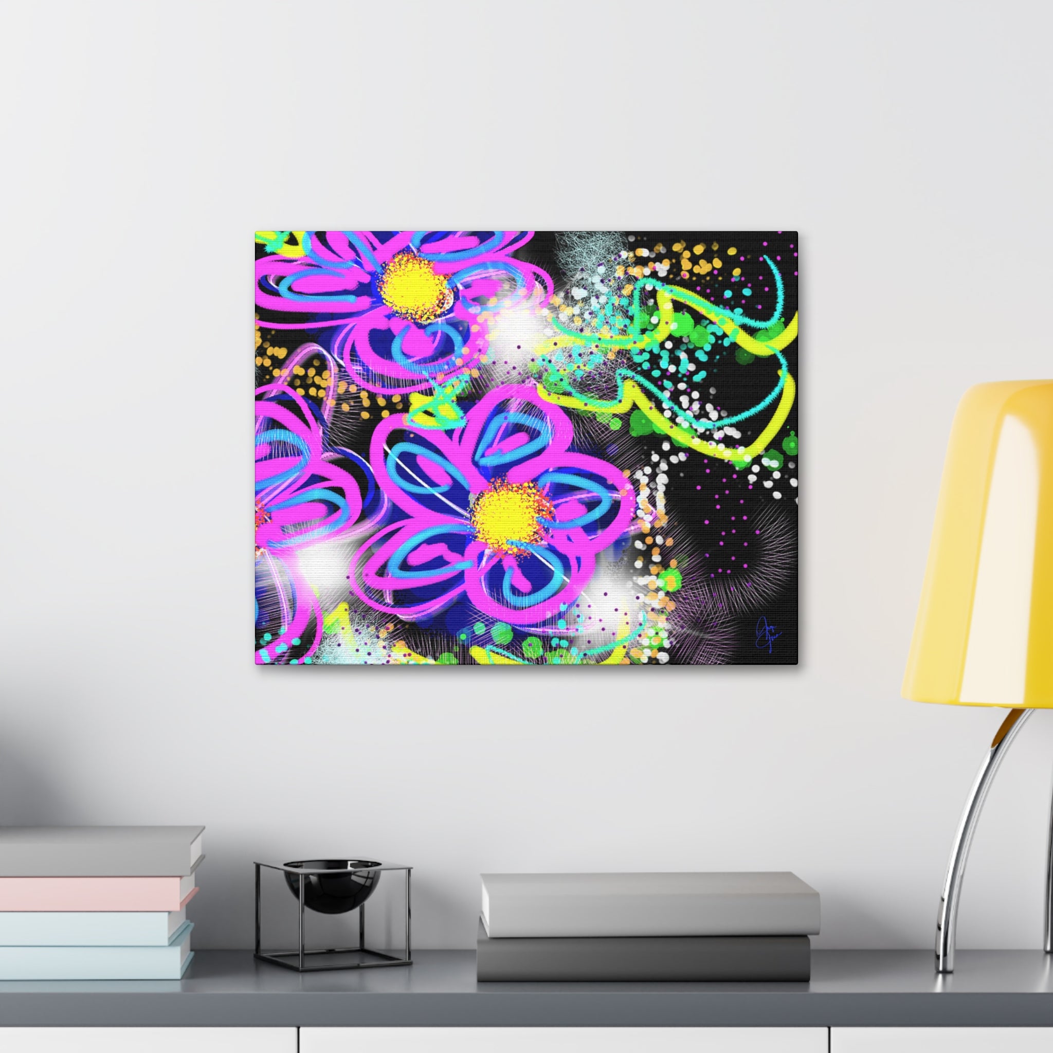Vibrant Neon Floral Canvas Print — Pink & Green Stretched Wall Art