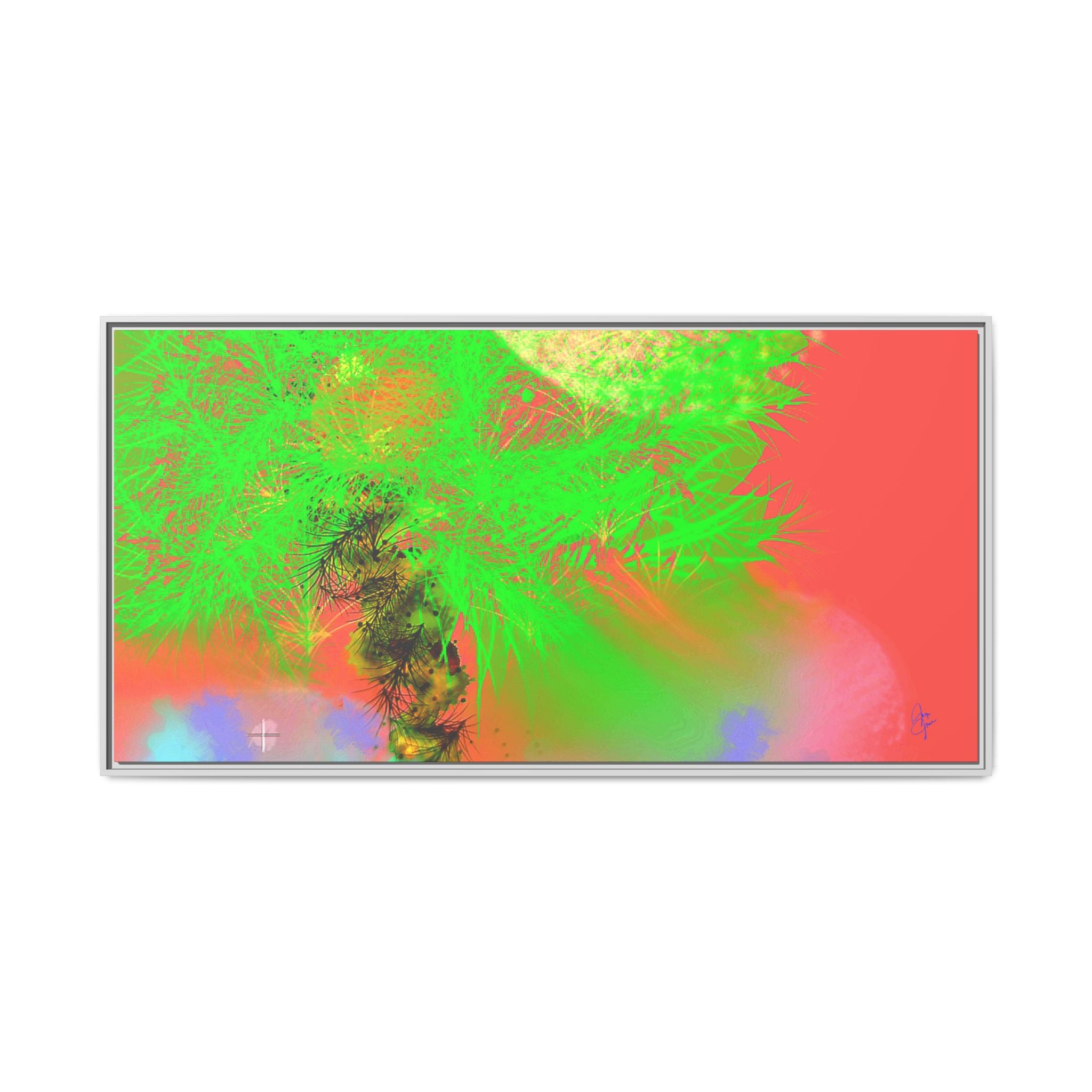 Abstract Neon Tree Matte Canvas Framed Art — Vibrant Green Moon Landscape