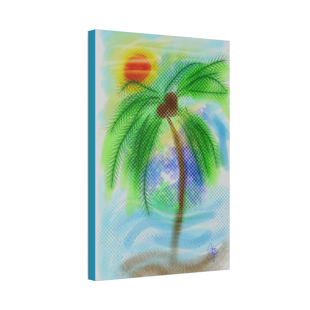 Tropical Palm Canvas Print – Heart Coconut Sunset Wall Art, Stretched 1.5"