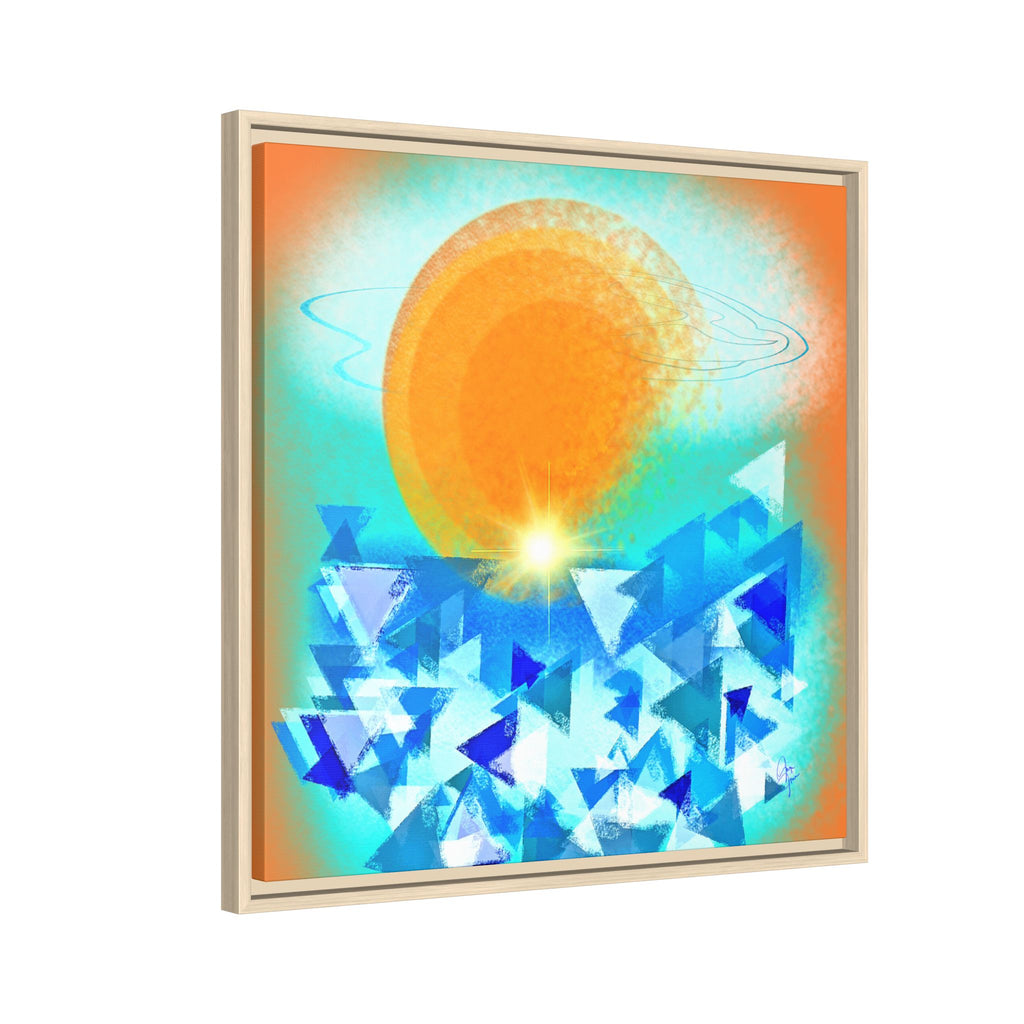 Abstract Sunrise Framed Canvas Art – Orange Sun Over Blue Geometric Waves