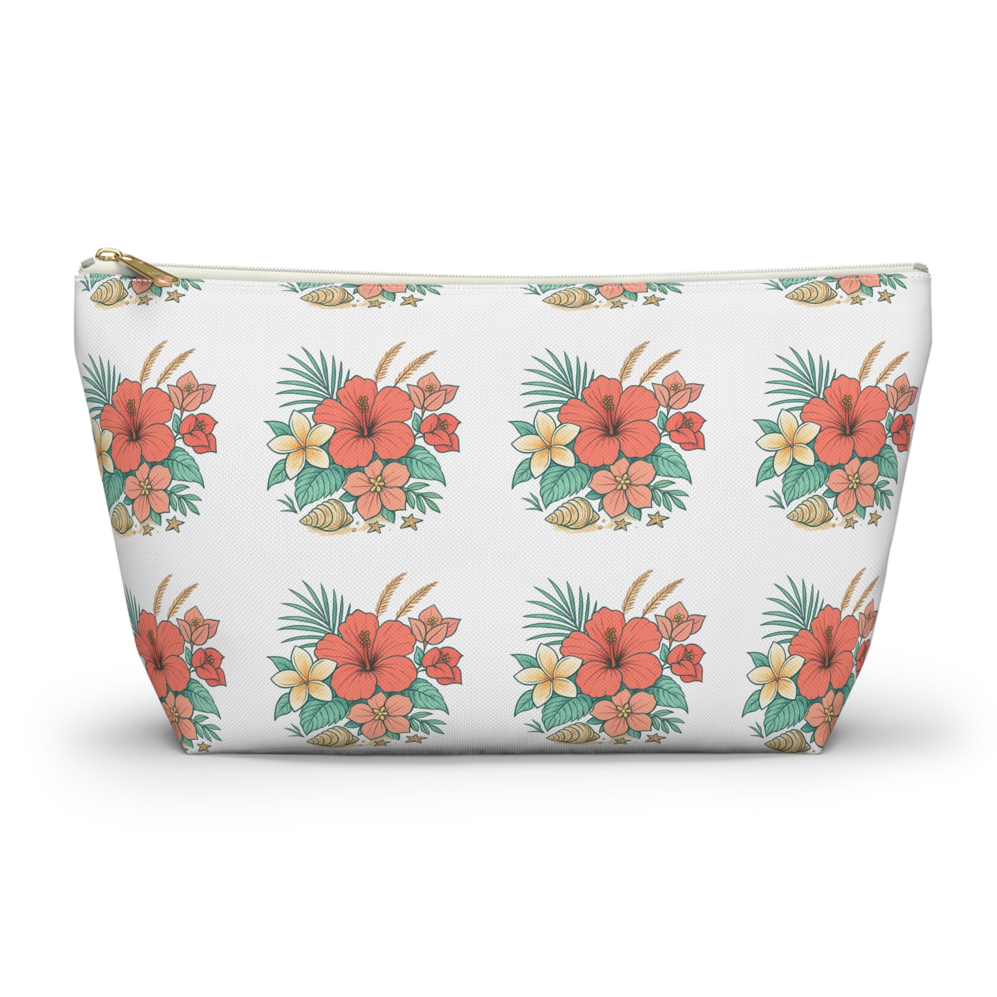 Tropical Floral Accessory Pouch — Hibiscus Cosmetic Bag with T-Bottom