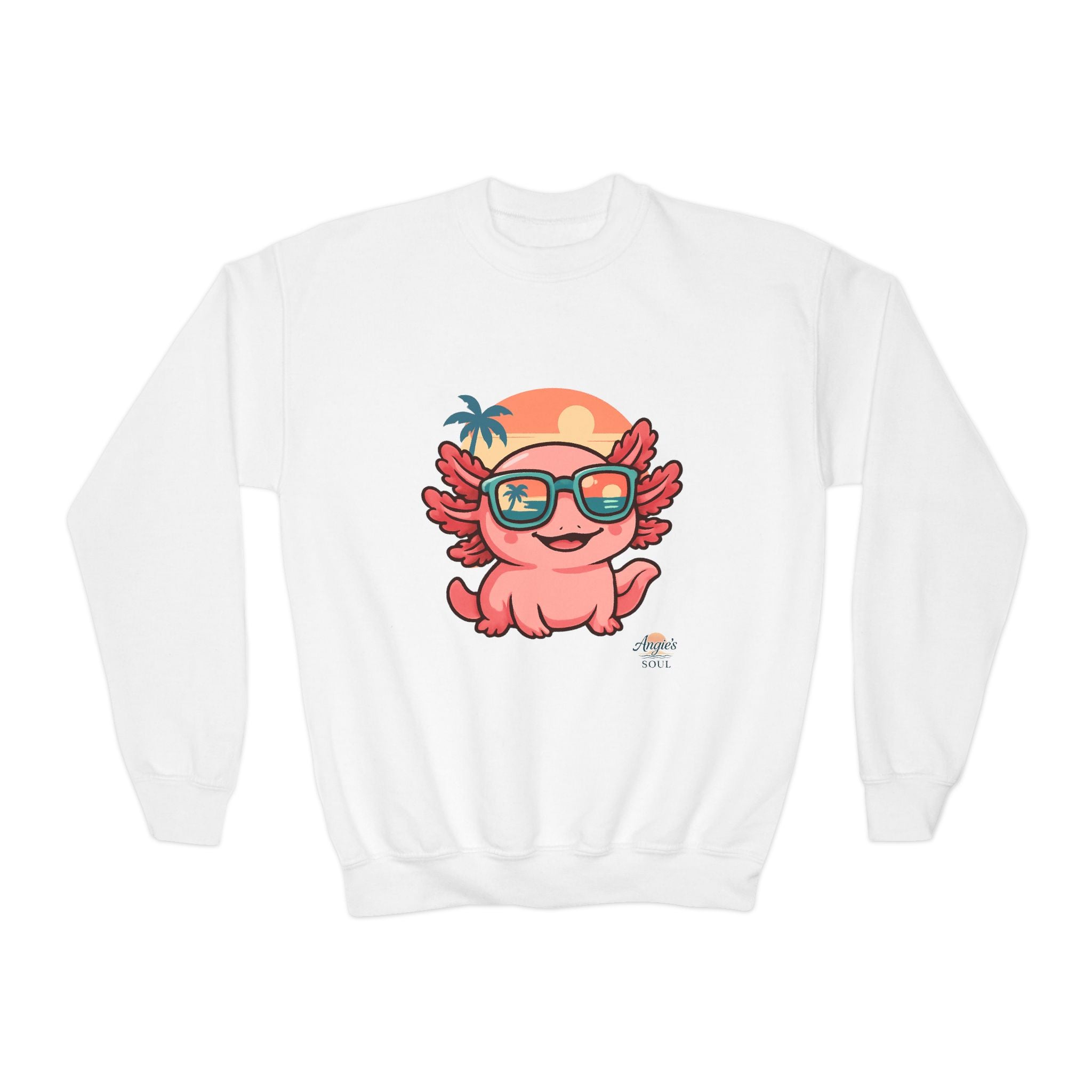 Axolotl Crewneck Sweatshirt — Cute Pink Axolotl with Sunglasses & Sunset