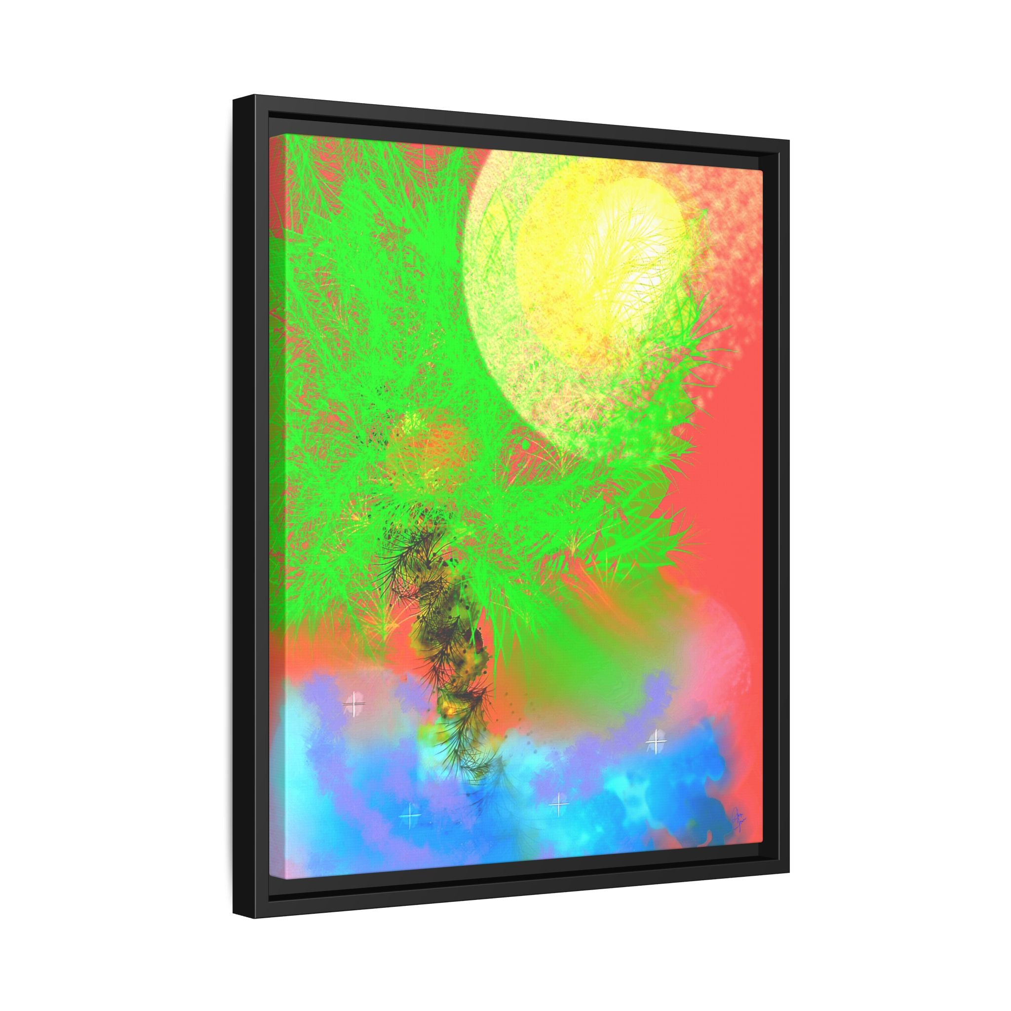 Abstract Neon Tree Matte Canvas Framed Art — Vibrant Green Moon Landscape