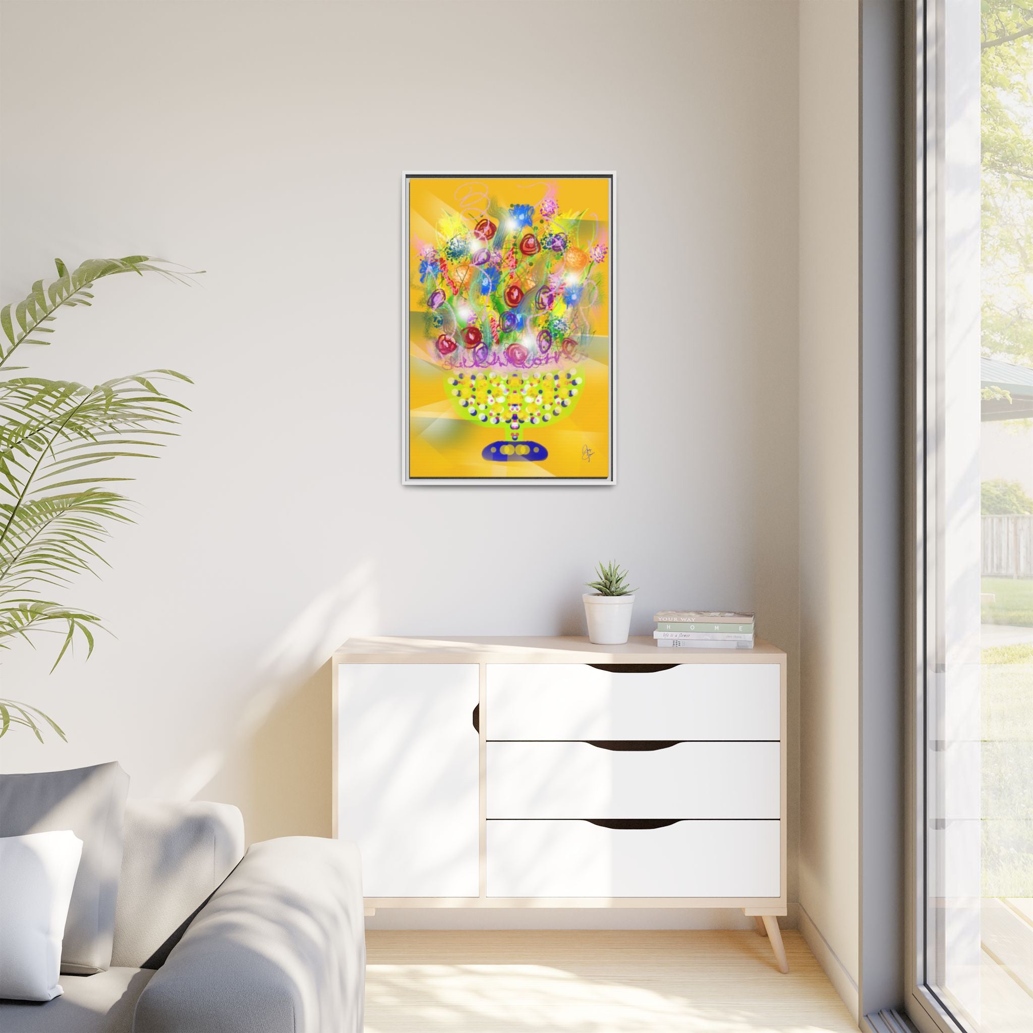 Framed Canvas Art - Colorful Festive Bouquet on Deep Blue Matte