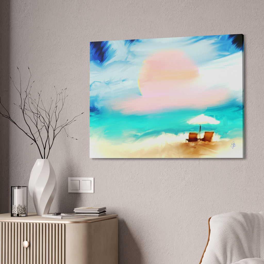 Beach Sunset Canvas Wall Art — Tropical Chairs & Umbrella Stretched Canvas