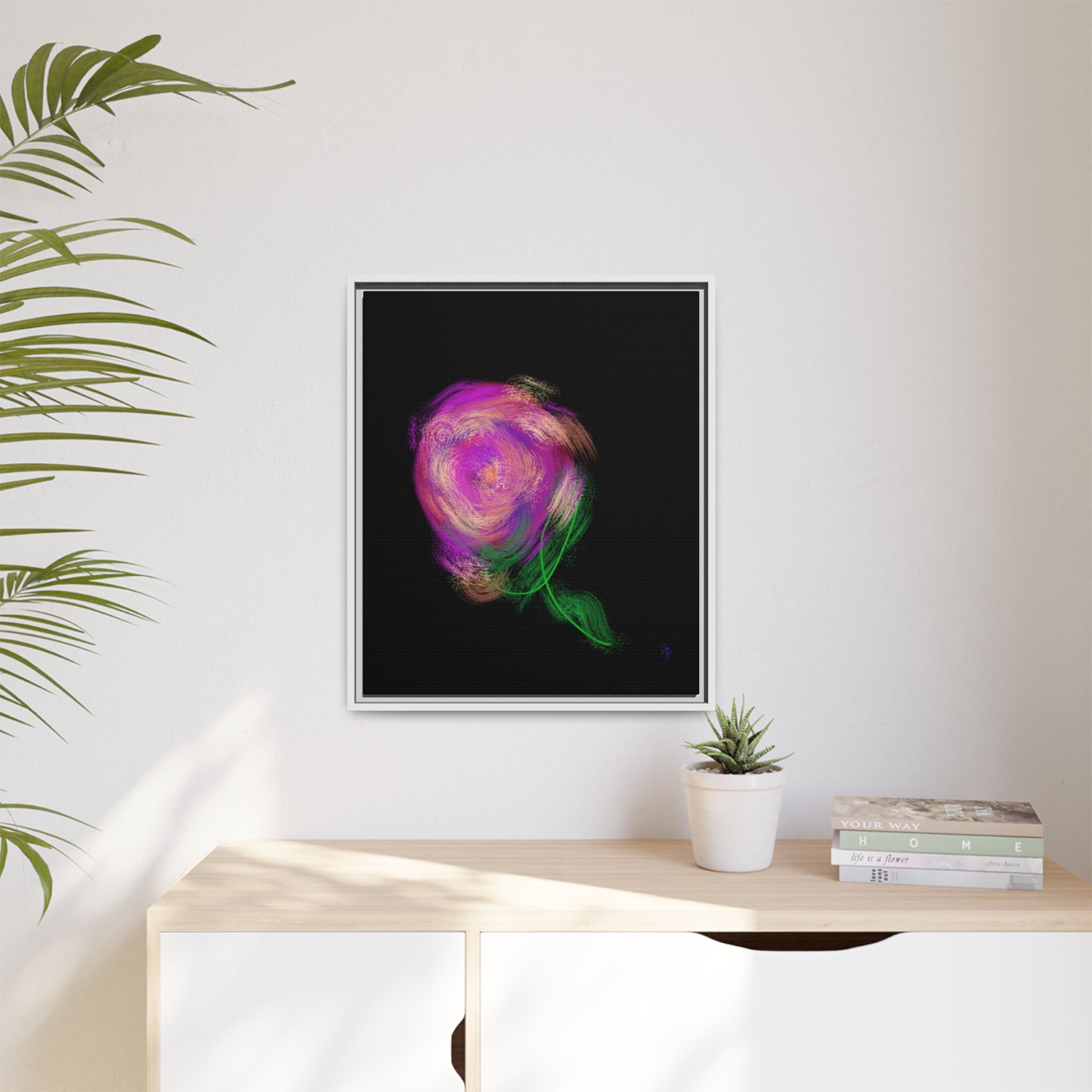 Abstract Rose Swirl Matte Framed Canvas — Multicolor Floral Wall Art