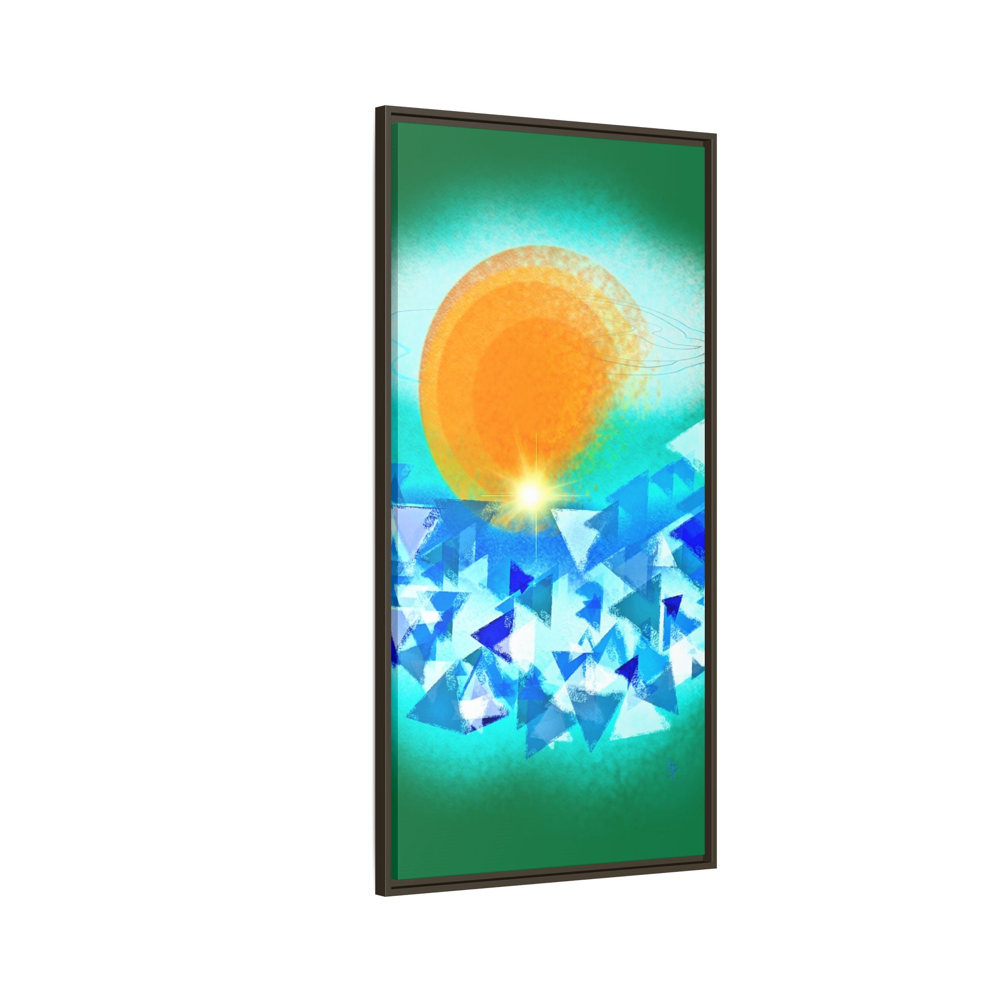 Abstract Sunrise Framed Canvas Art – Orange Sun Over Blue Geometric Waves