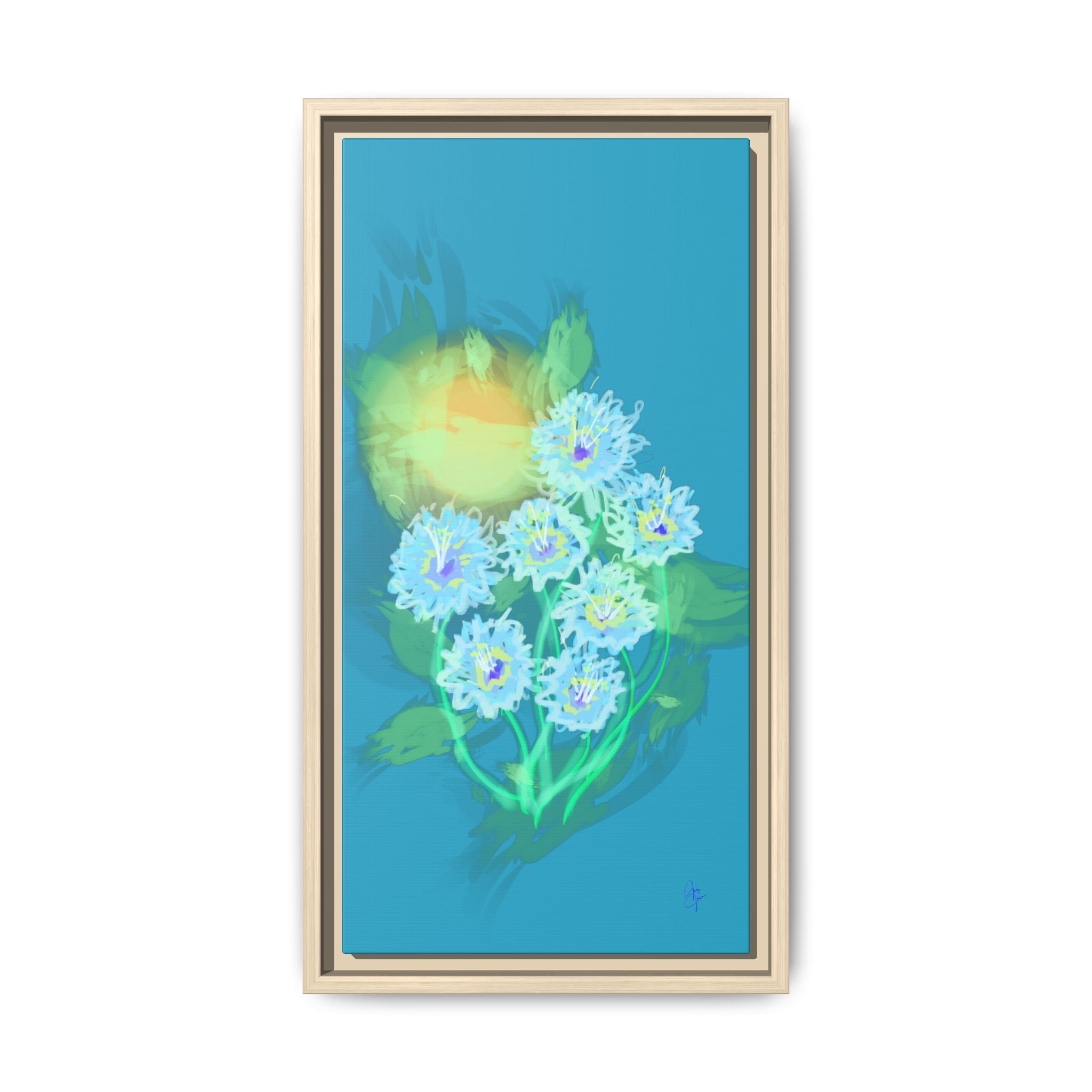 Framed Floral Canvas Art — Blue & Yellow Abstract Bouquet (Matte)