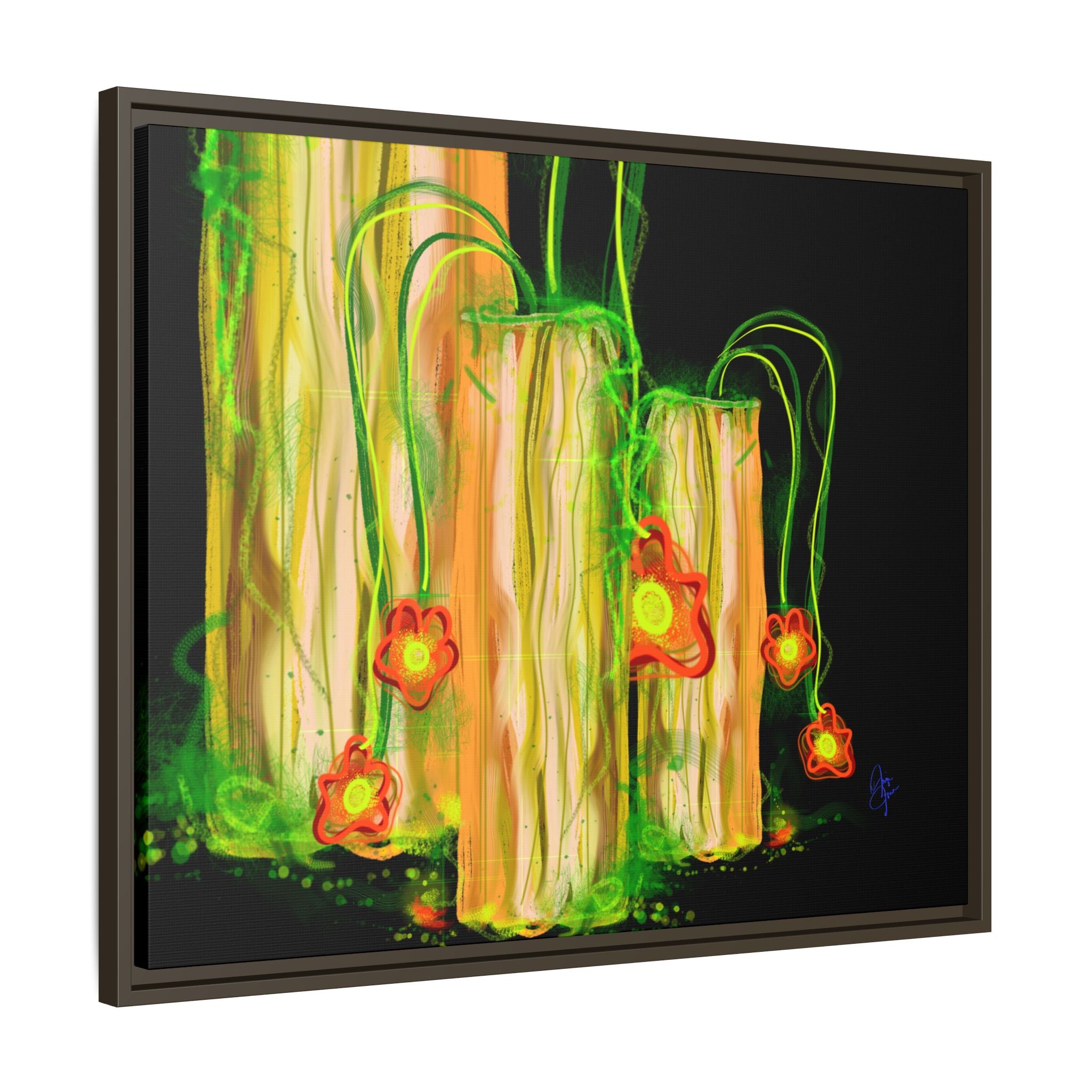 Framed Matte Canvas Print — Neon Floral Candlelight Art