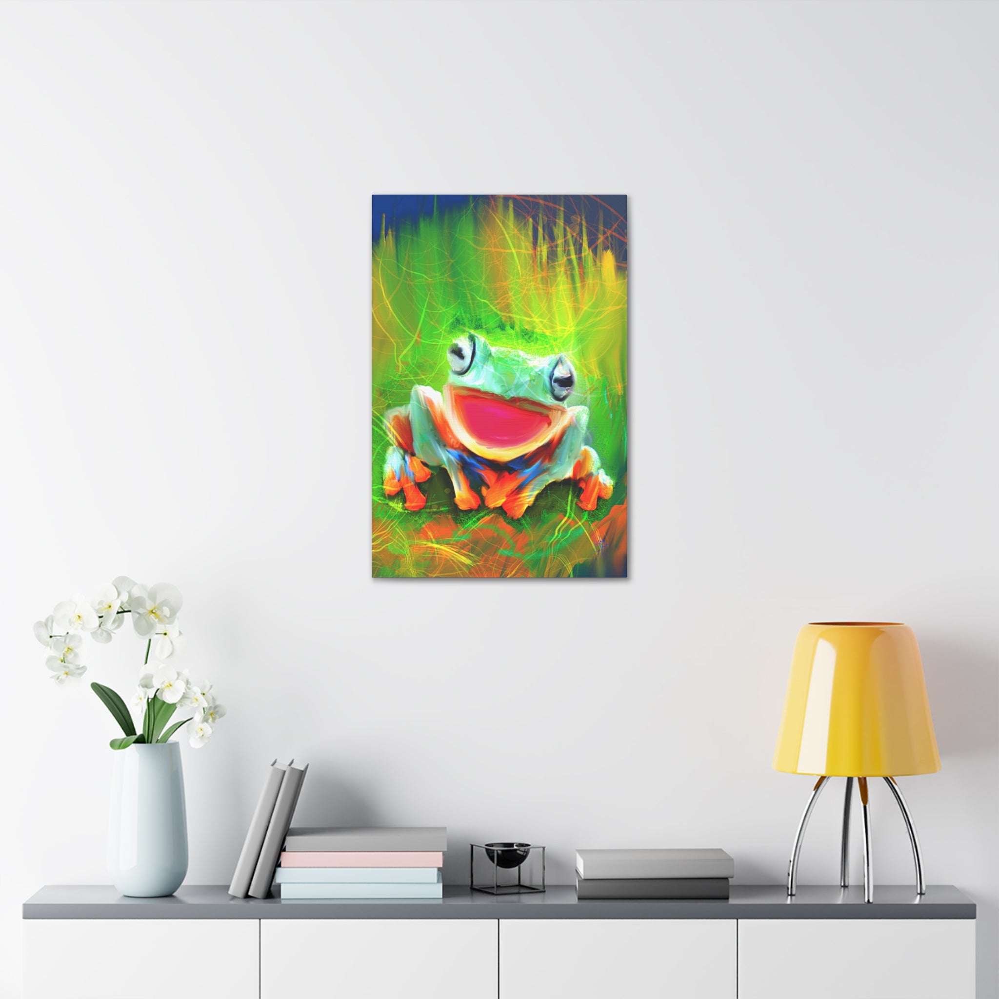 Vibrant Smiling Frog Canvas Print — Colorful Tropical Wall Art