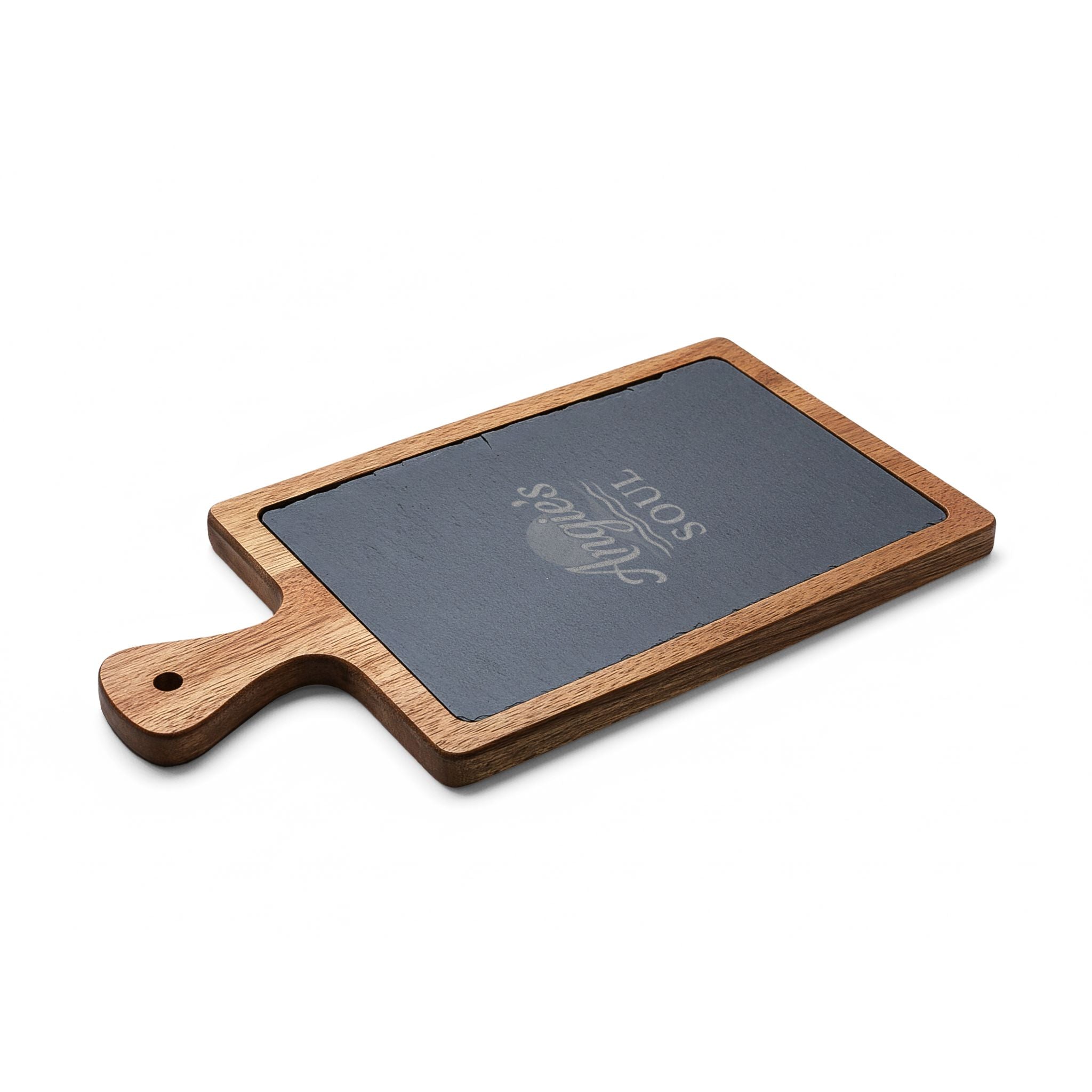 Engraved Acacia Charcuterie Board with Slate Insert & Cheese Knives — Personalized 'Angie's Soul' Design