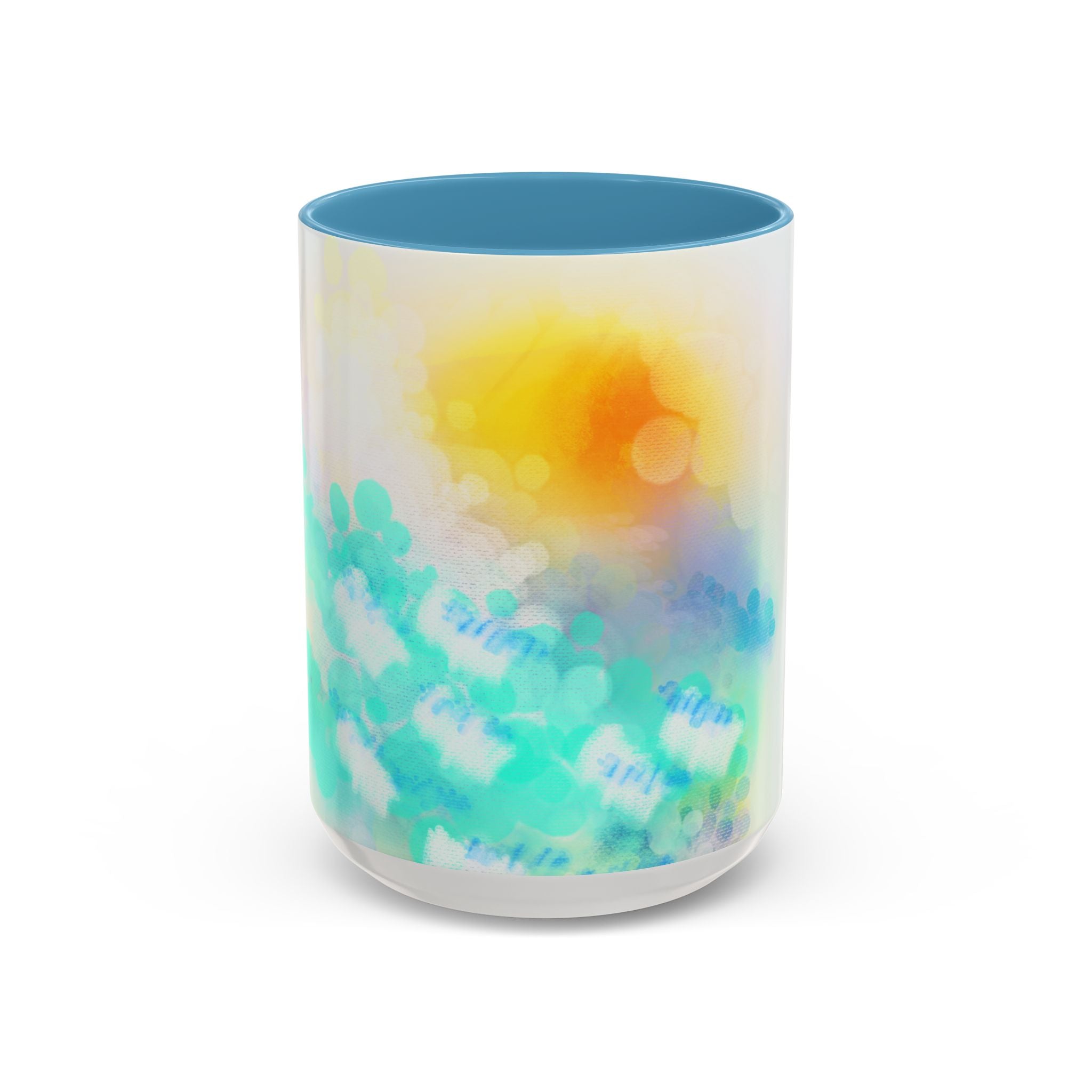 Sunrise Watercolor Accent Coffee Mug — Bright Abstract Teal & Yellow Ceramic