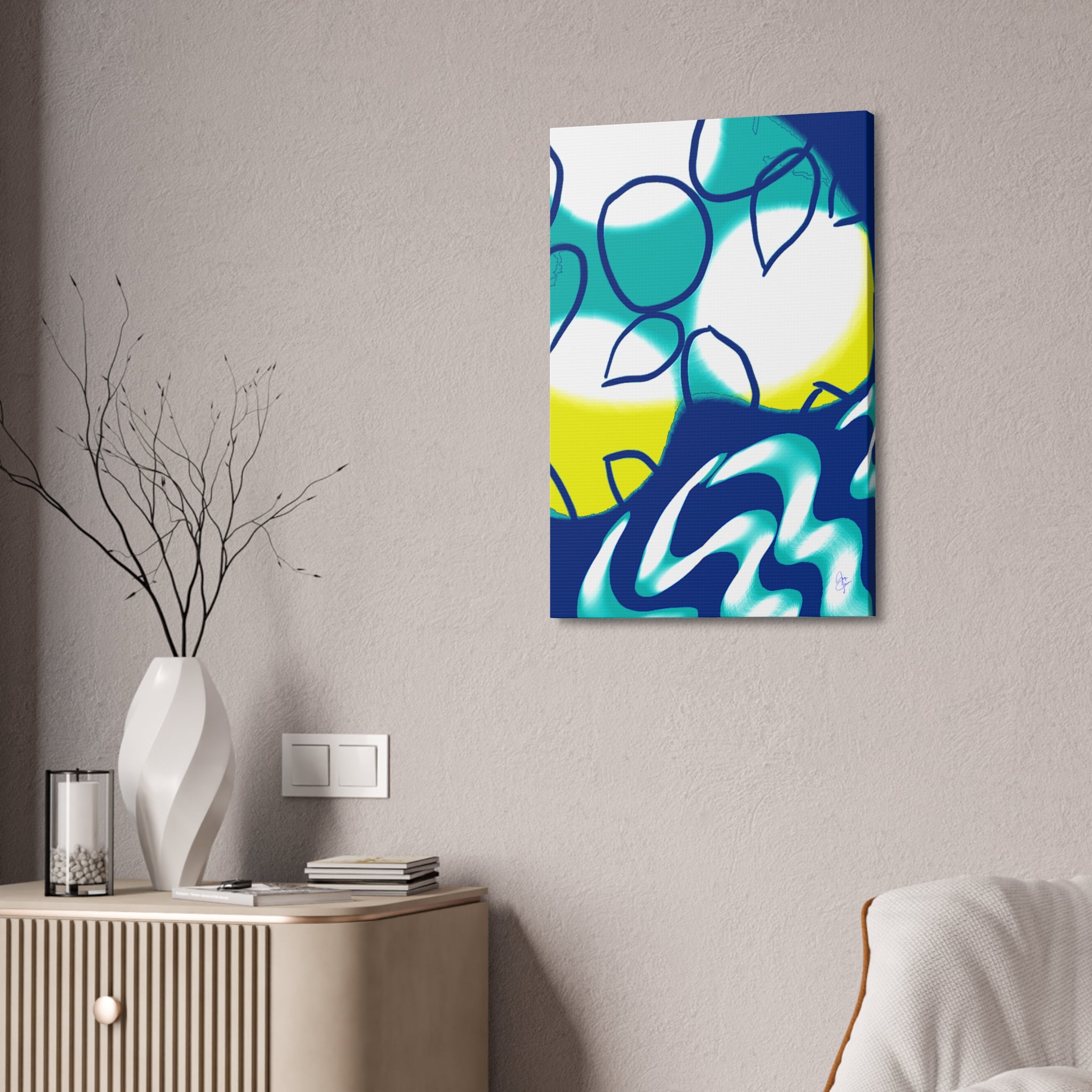 Abstract Ocean Waves Jellyfish Canvas Art — Blue & Teal Modern Wall Decor, Stretched 1.5"