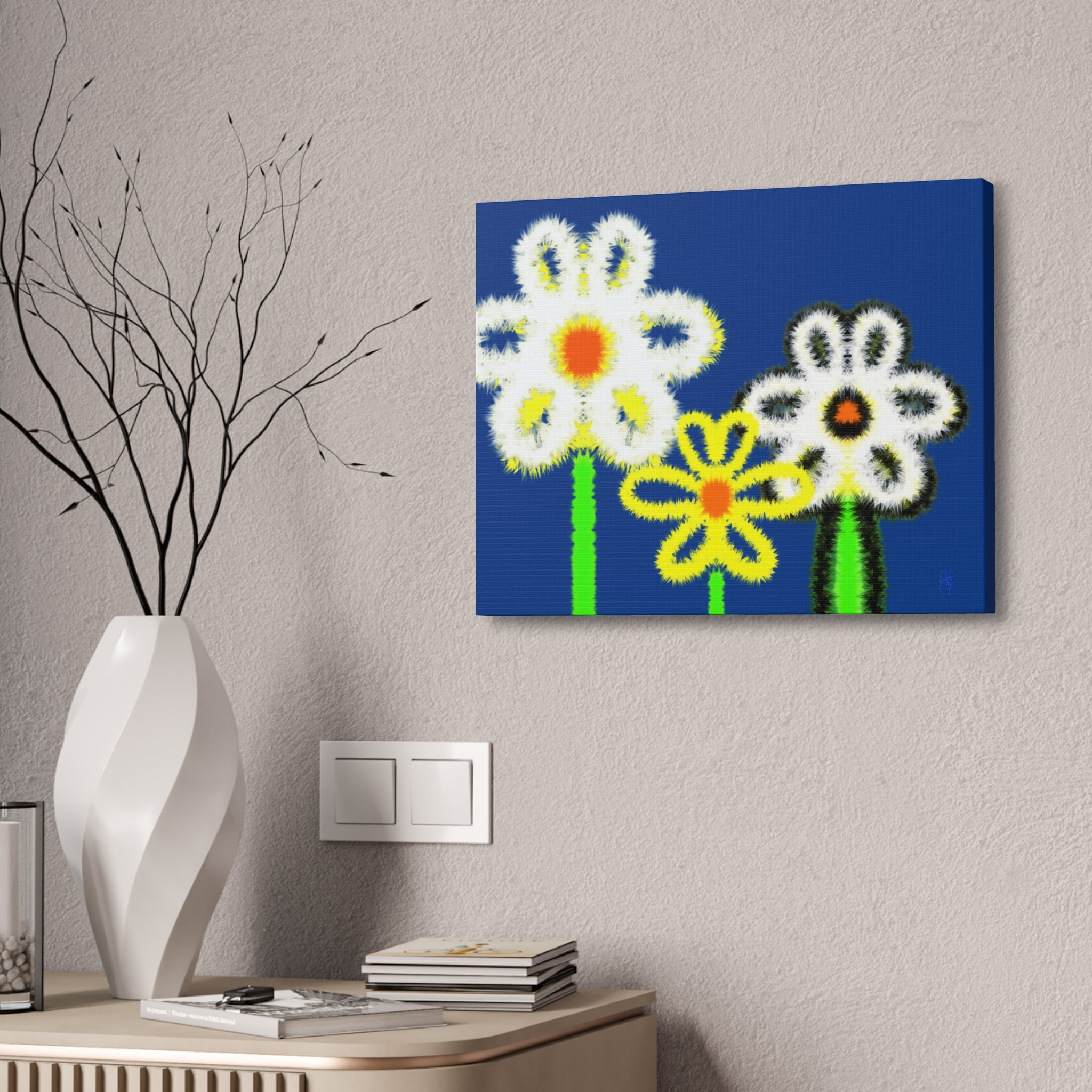 Bright Fuzzy Daisies Canvas Art — Yellow Floral Wall Decor, Stretched 1.5"