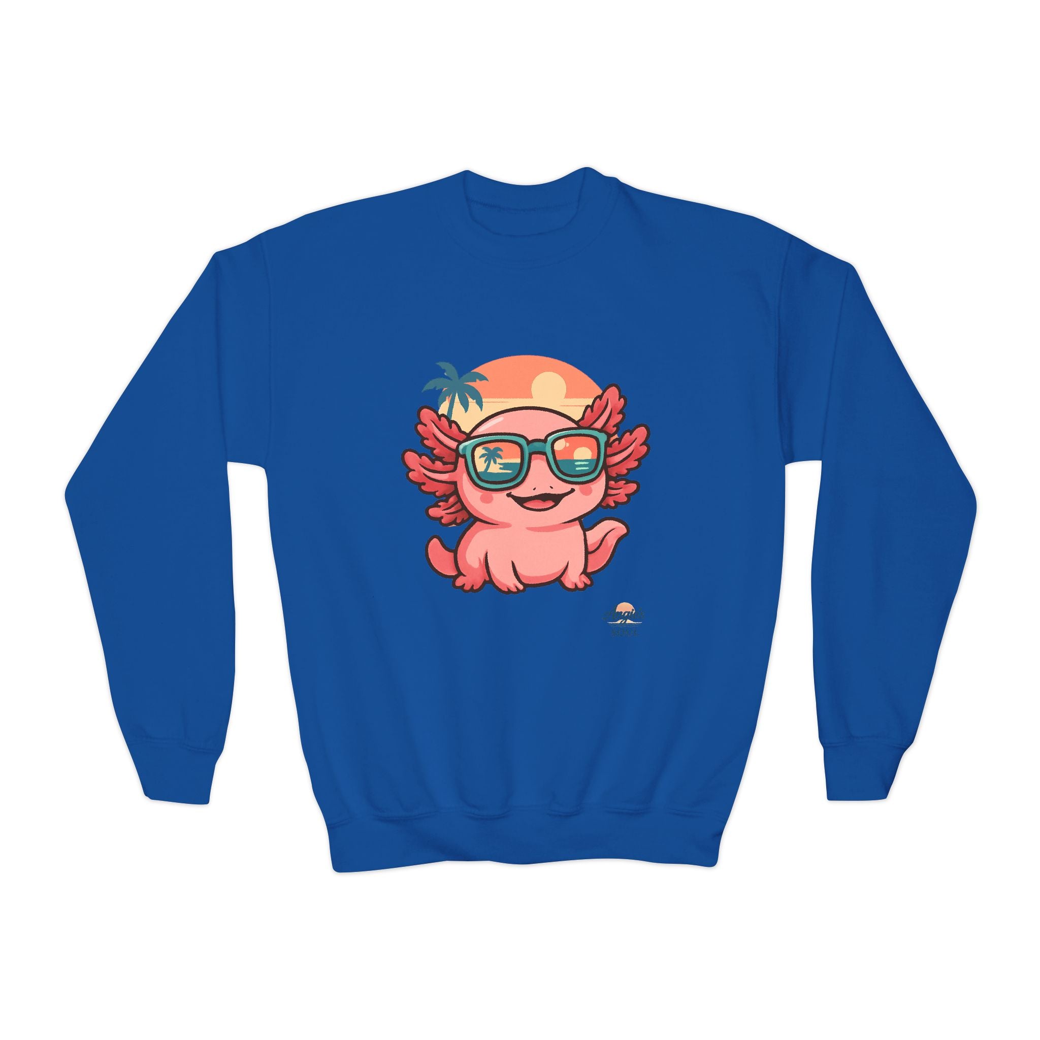 Axolotl Crewneck Sweatshirt — Cute Pink Axolotl with Sunglasses & Sunset