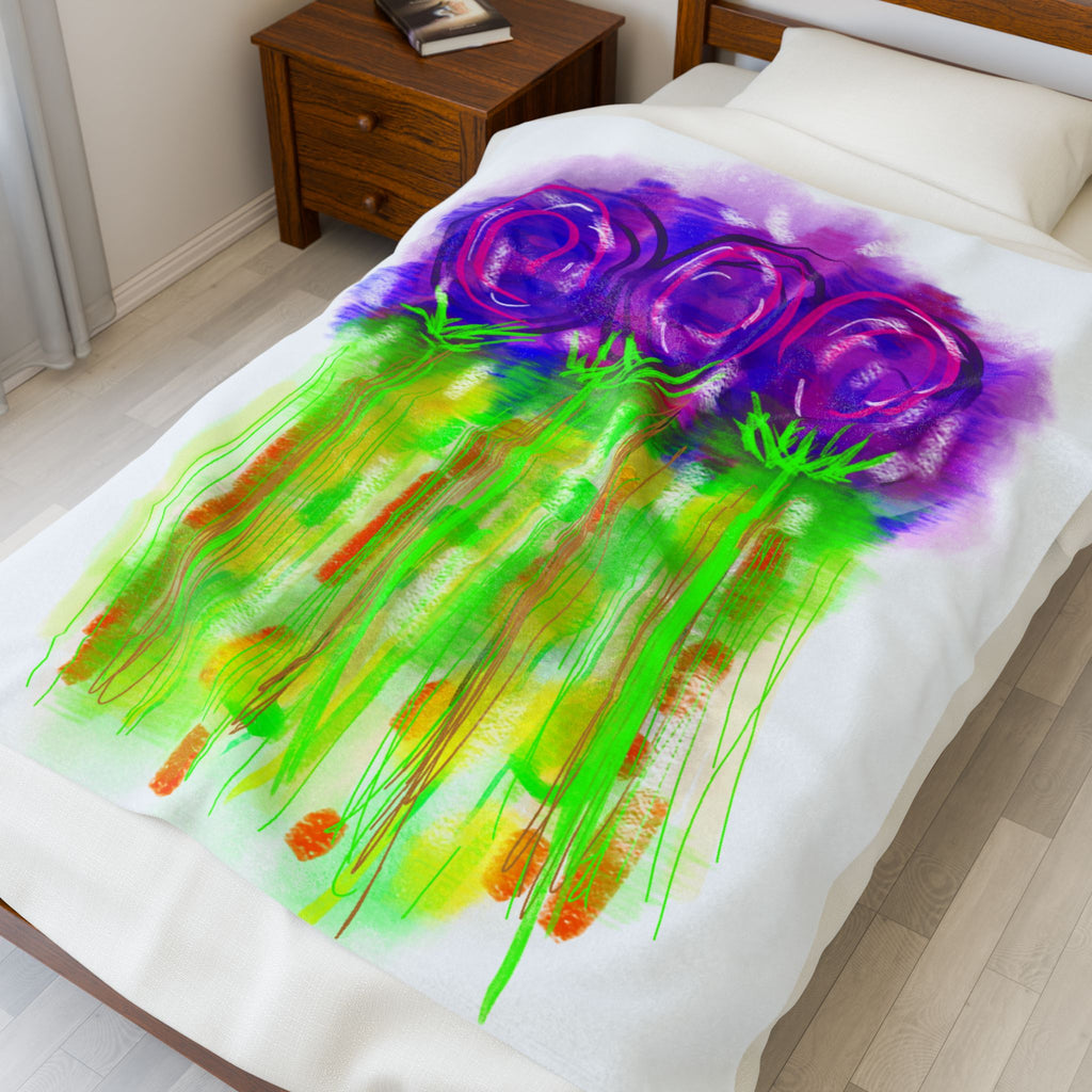 Velveteen Plush Blanket — Watercolor Purple Roses Floral Throw for Cozy Home & Gift