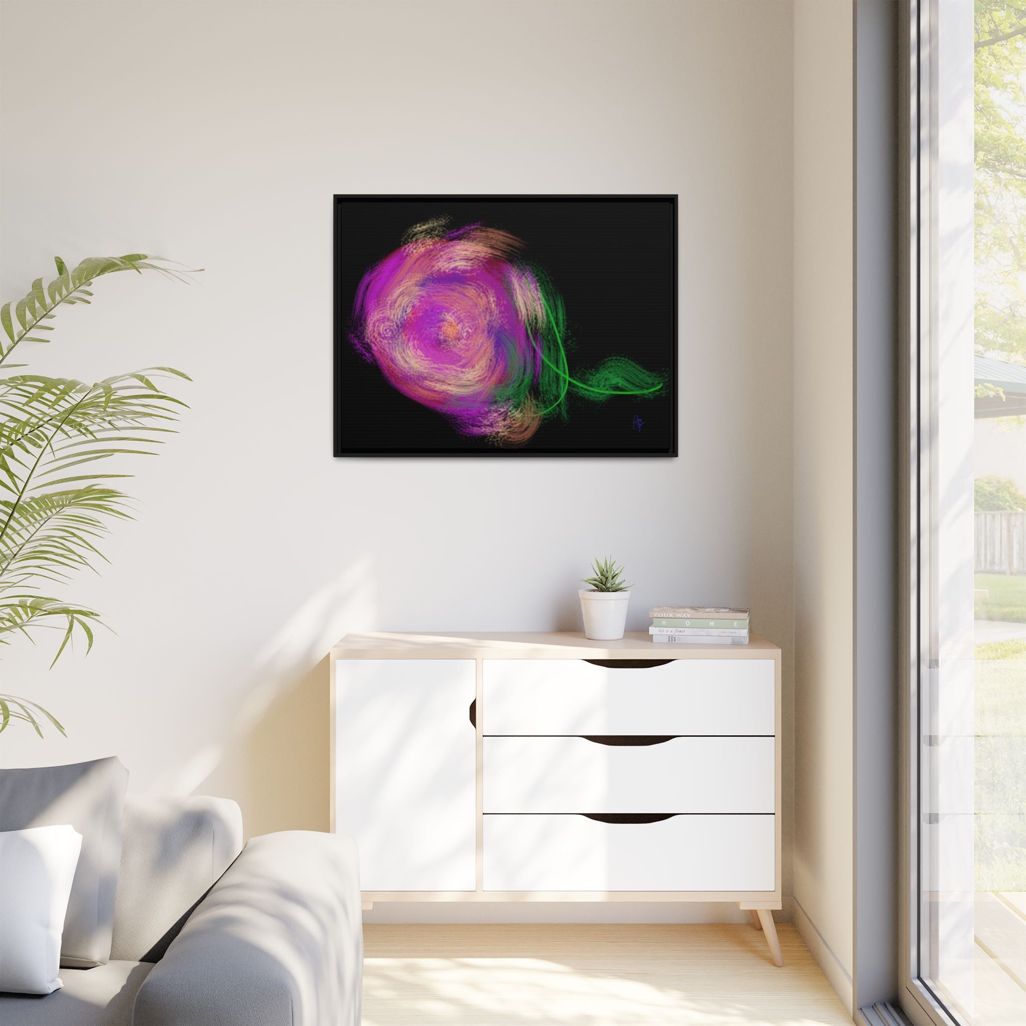 Abstract Rose Swirl Matte Framed Canvas — Multicolor Floral Wall Art