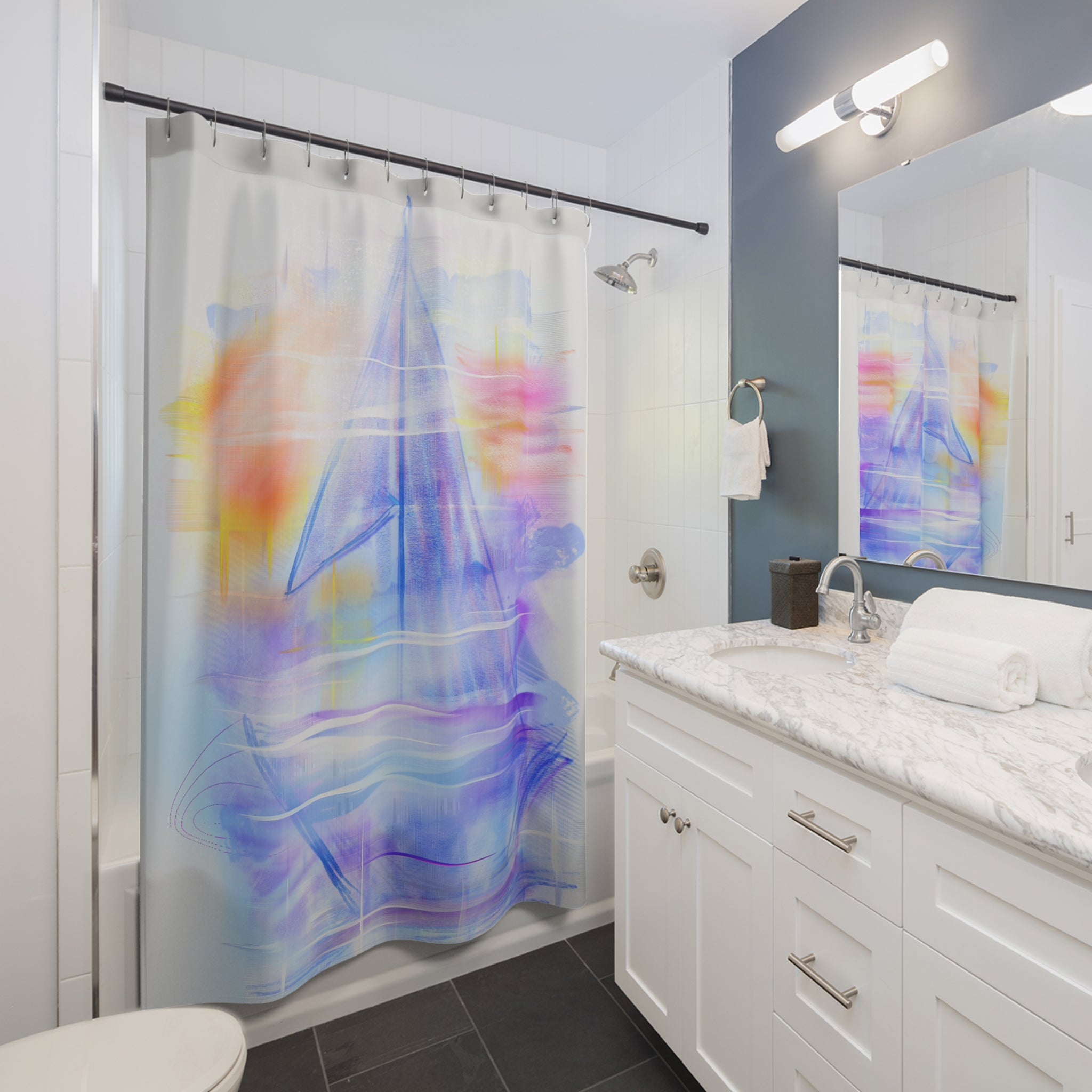 Shower Curtain - Watercolor Sailboat Nautical Beach Bathroom Decor