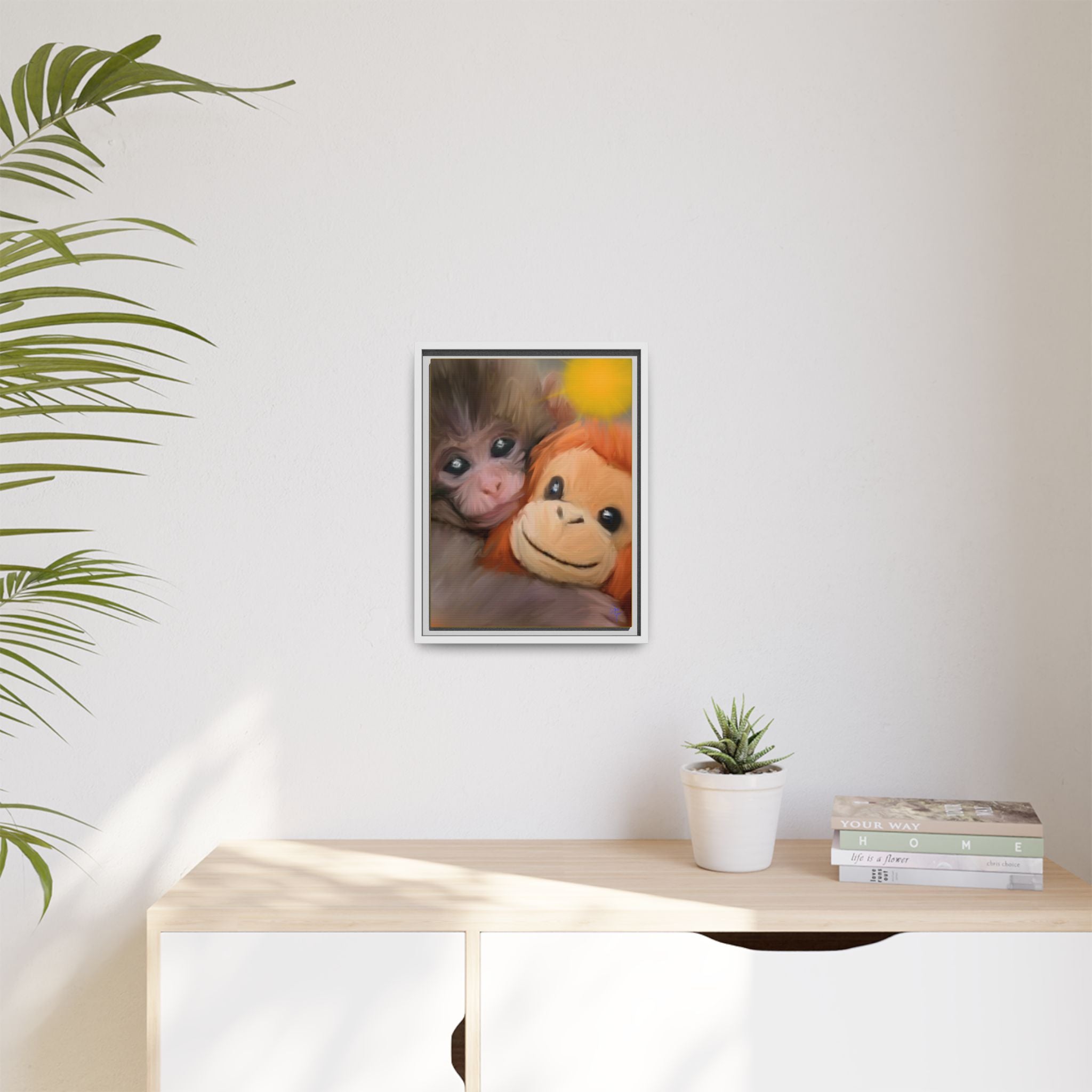 Framed Matte Canvas Print — Baby Monkey & Plush Orangutan Wall Art