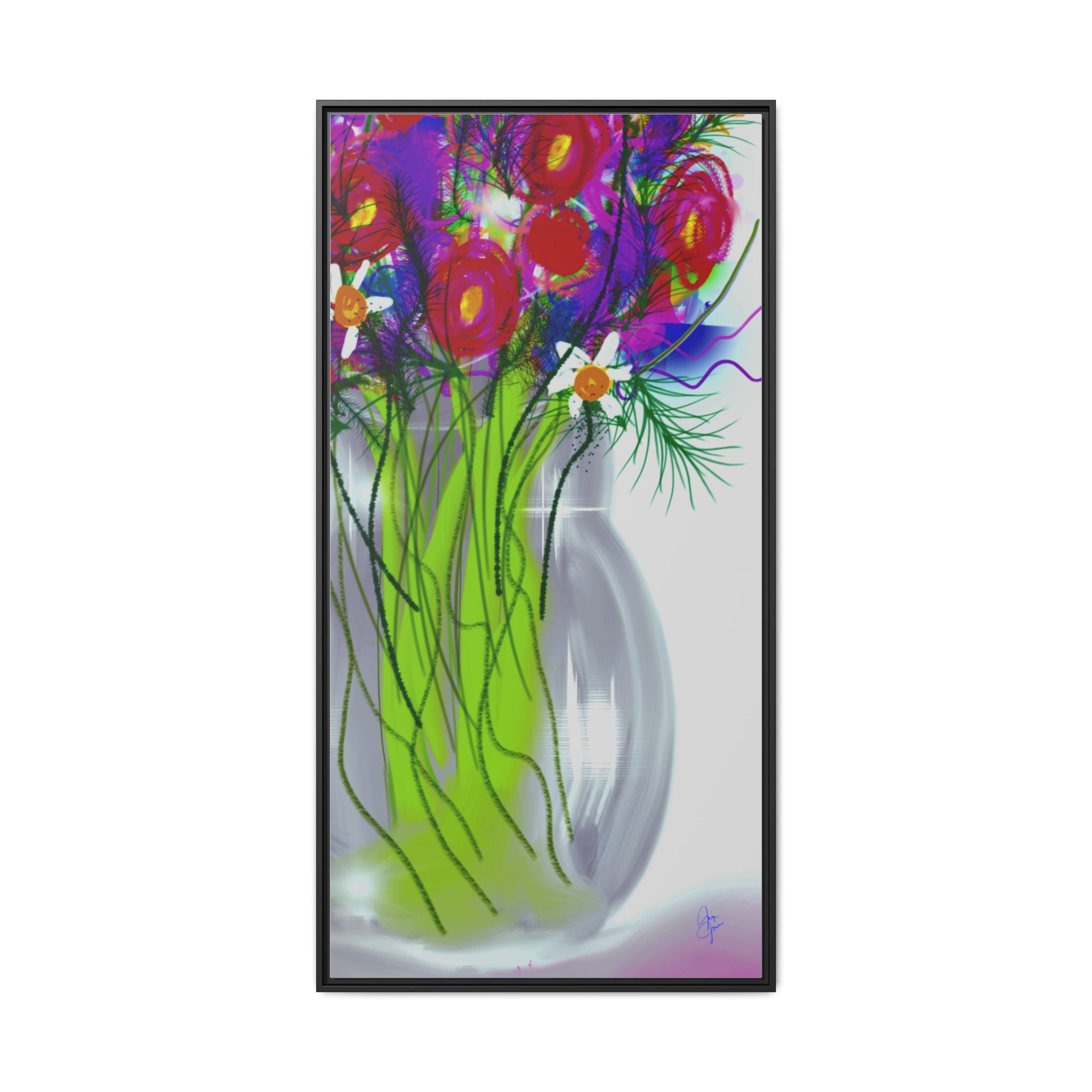 Framed Floral Bouquet Matte Canvas Wall Art — Colorful Abstract Flowers in Vase