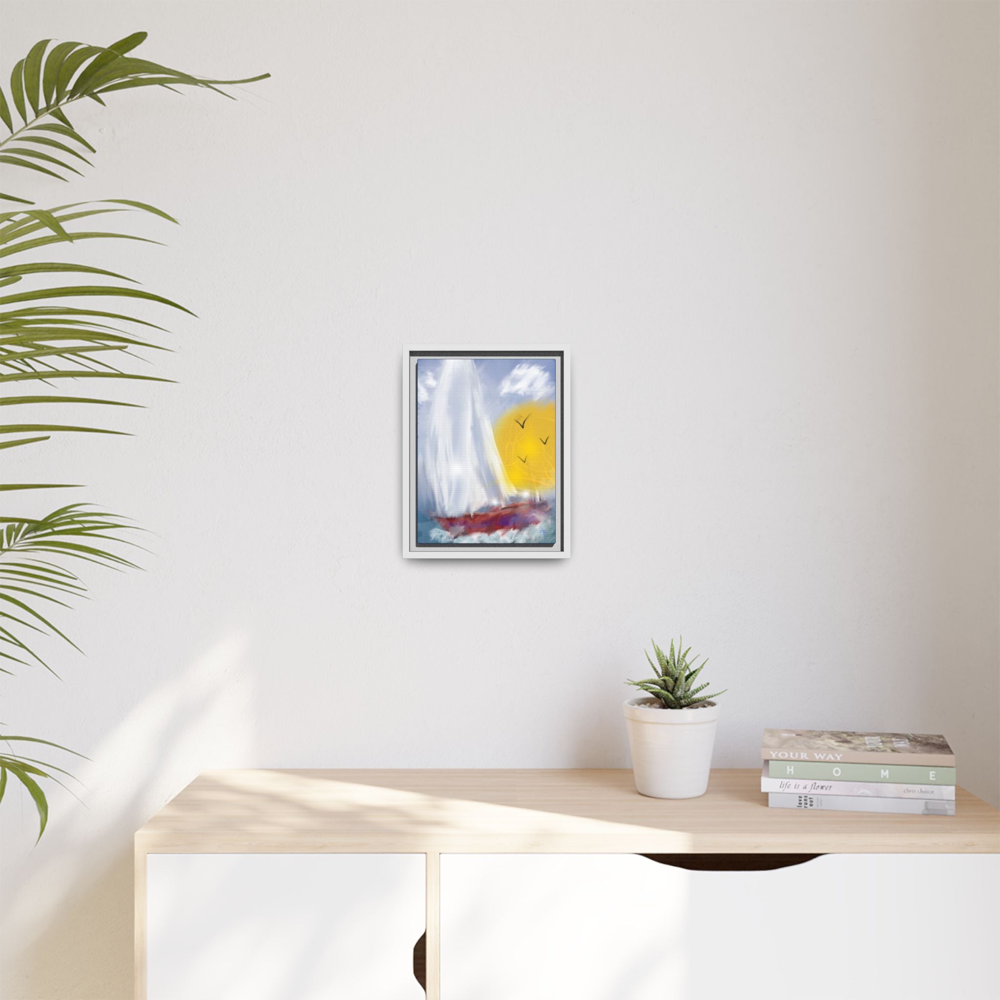 Sailboat Sunset Matte Framed Canvas Print — Coastal Seascape Wall Art
