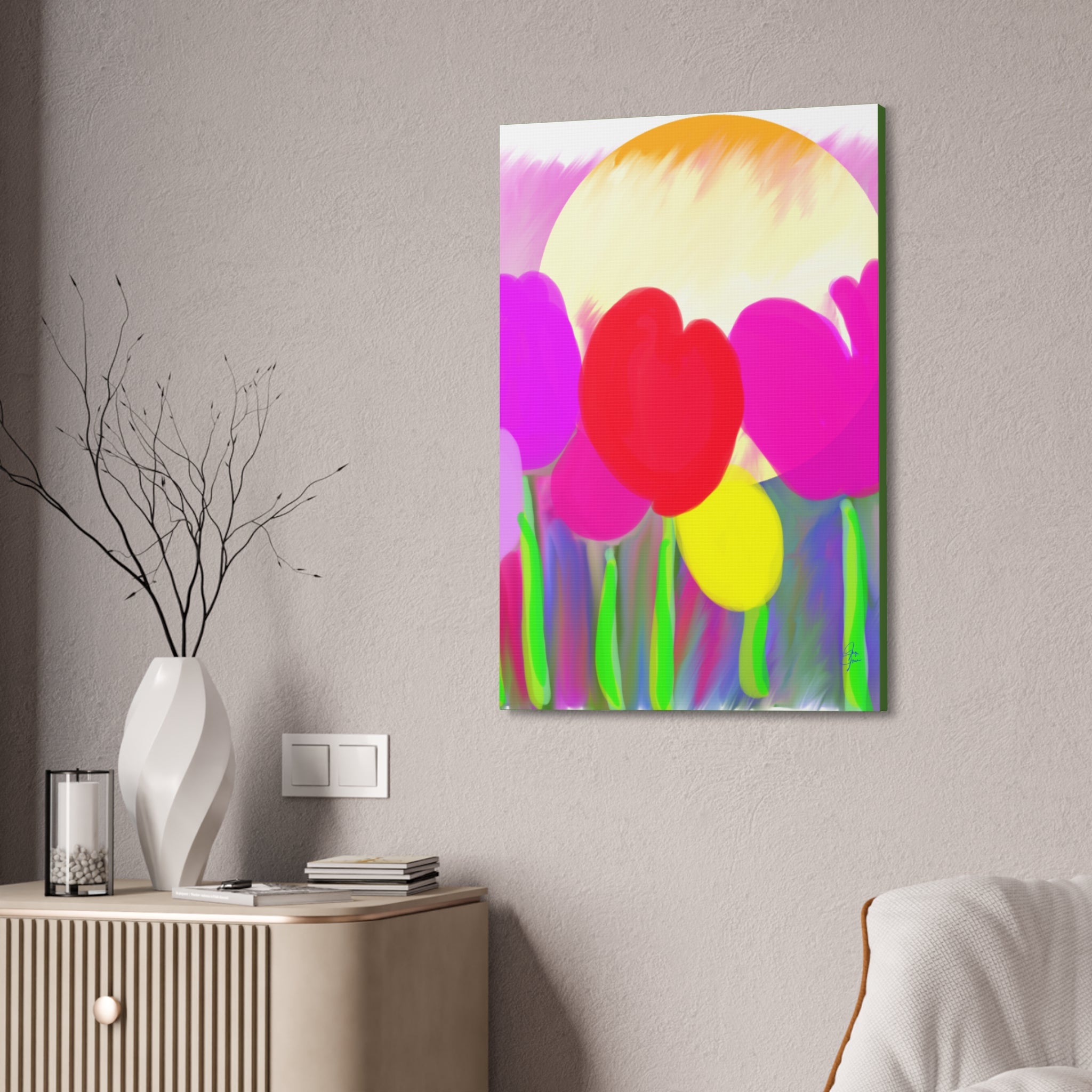 Bright Tulip Canvas Wall Art — Colorful Heart Flowers Stretched Canvas