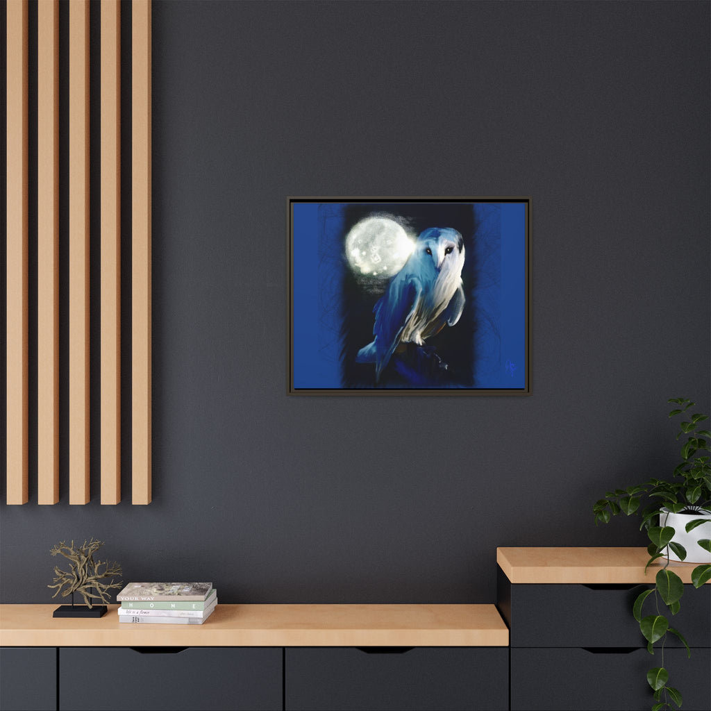 Moonlight Owl Matte Framed Canvas — Mystical Blue Owl Wall Art