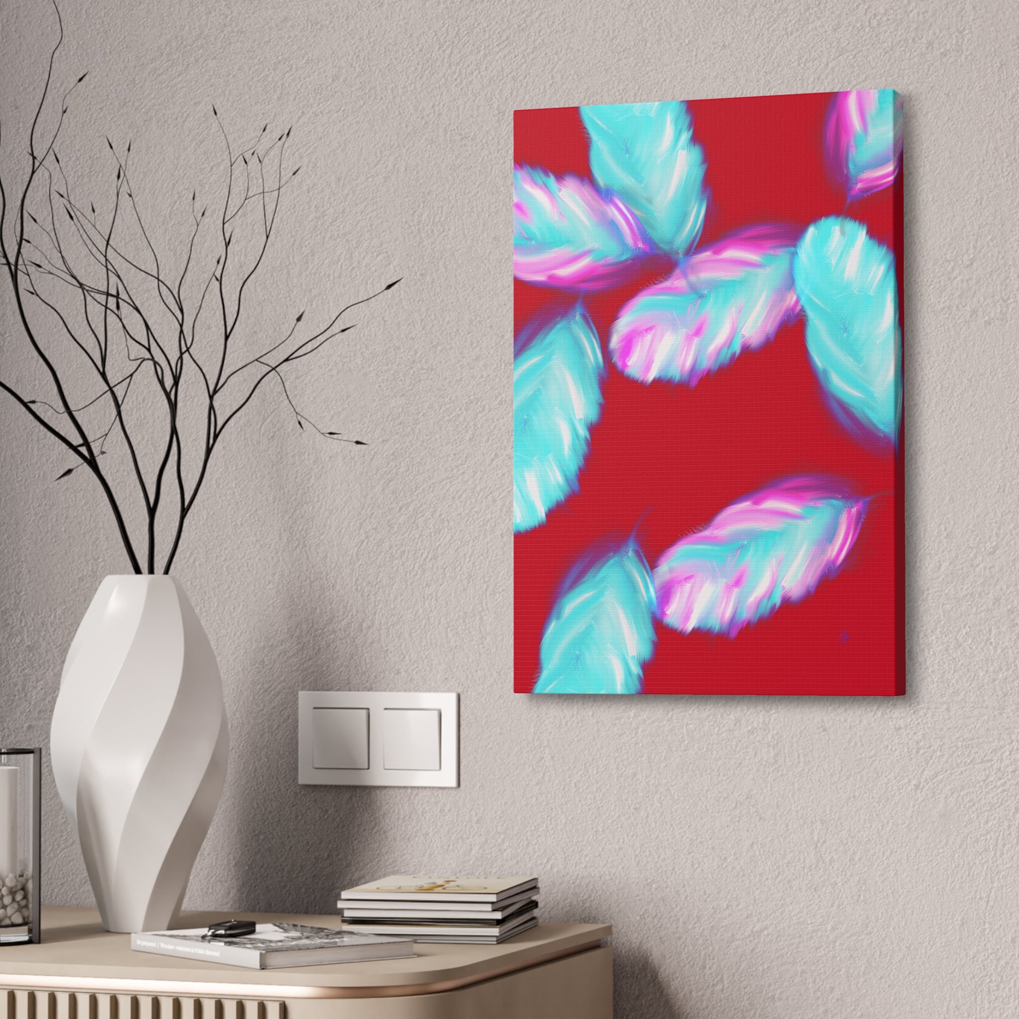 Abstract Neon Feathers Canvas Print — Turquoise & Pink Stretched Wall Art