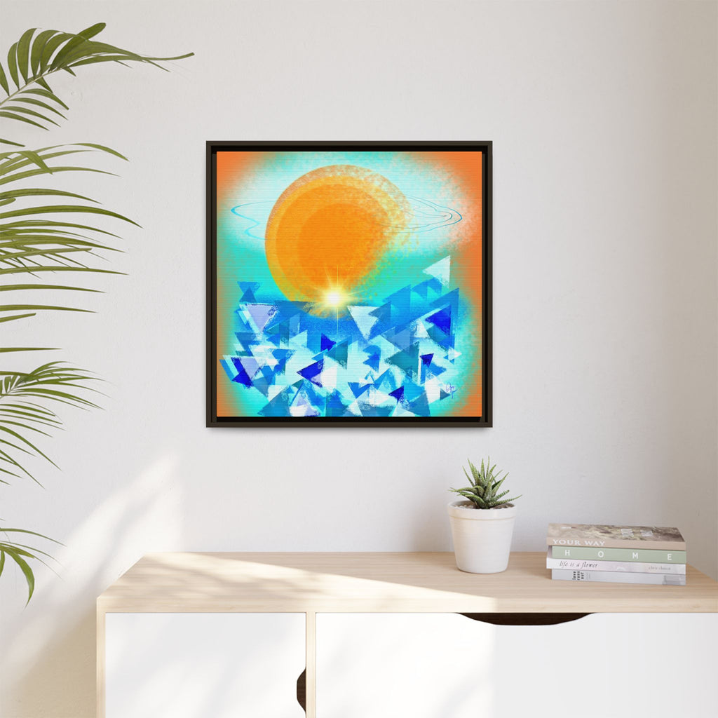 Abstract Sunrise Framed Canvas Art – Orange Sun Over Blue Geometric Waves