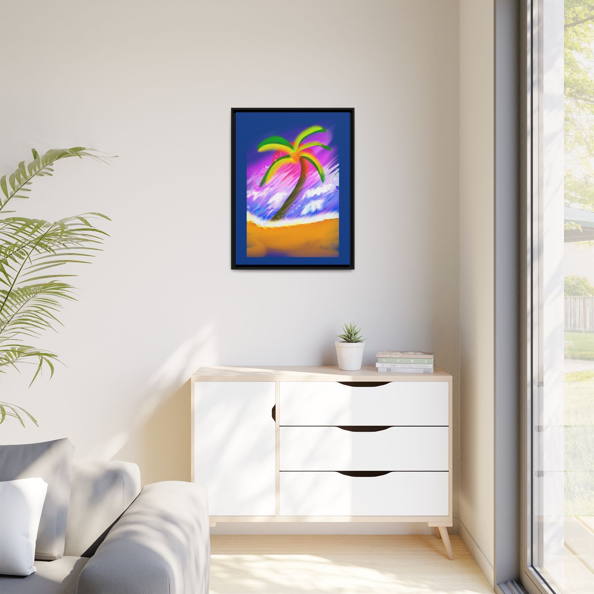 Framed Matte Canvas Print — Neon Palm Beach Art